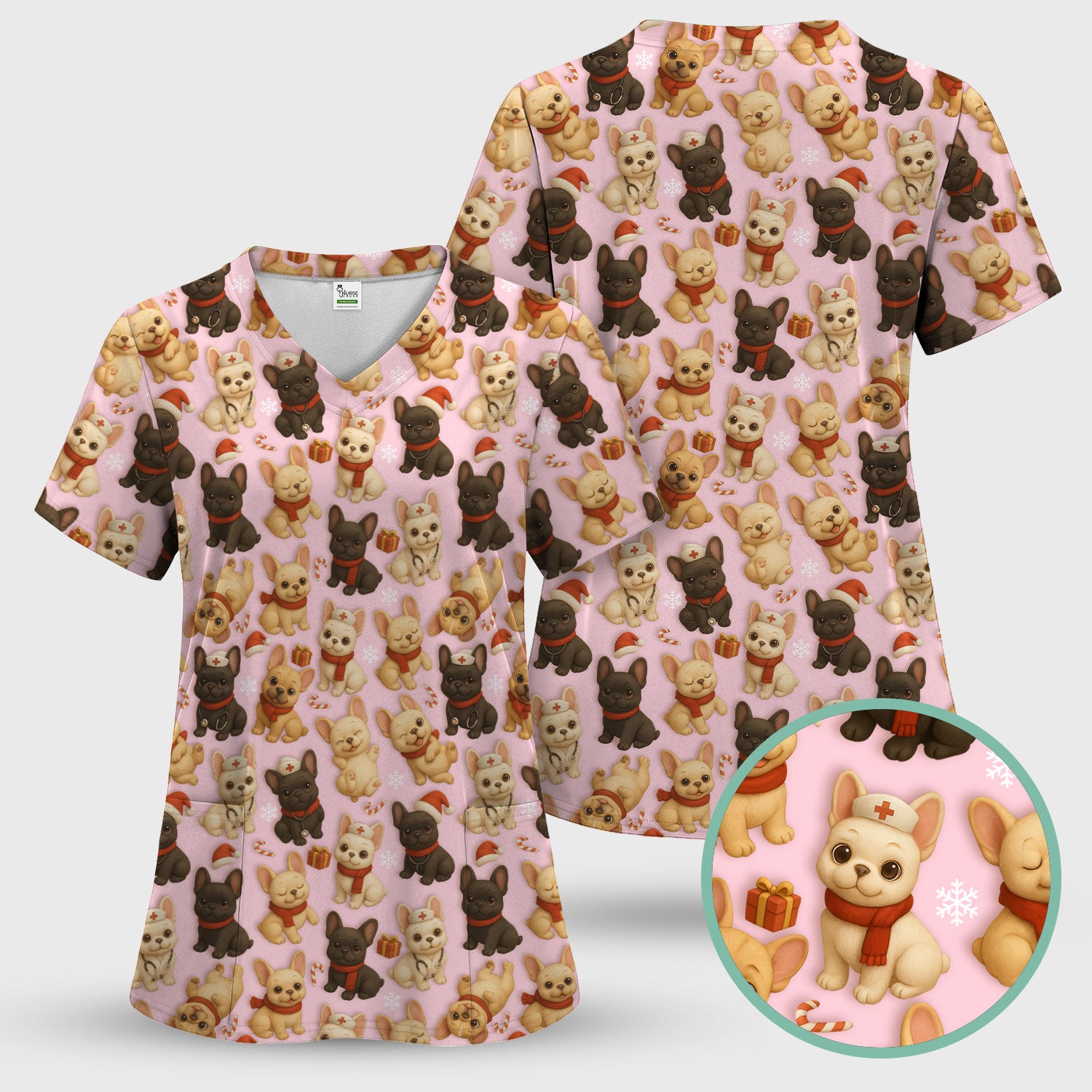 French Bulldog Scrubs Christmas Nurse Set - Cute Holiday Dogs with Candy Canes, Snowflakes & Gifts - Fun Festive Christmas Scrubs for Women