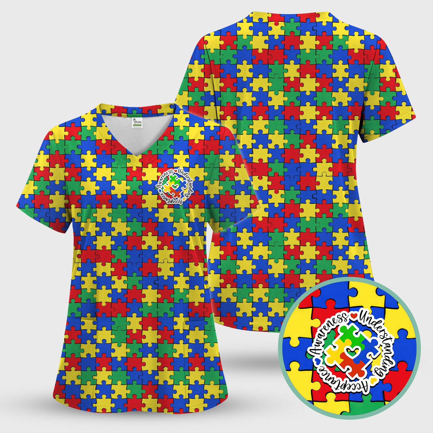 Autism Awareness Puzzle Pattern Scrub Top, Breathable Fabrics Nursing Uniform