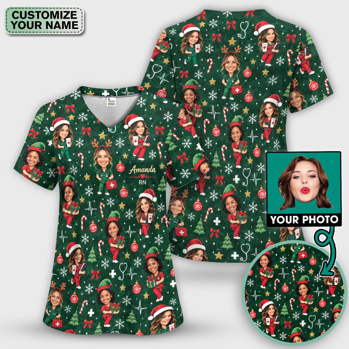 Personalized Christmas Nurse Photo And Name Scrub Set, Scrub Pants and V Neck Top