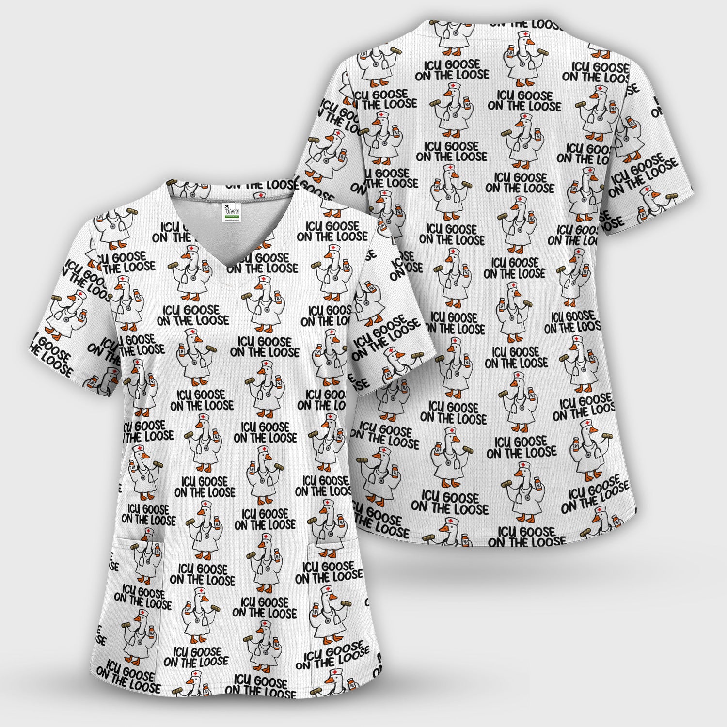 Funny ICU Goose On The Loose Nurse Pattern Scrub Top, Comfortable Scrubs For Nurses