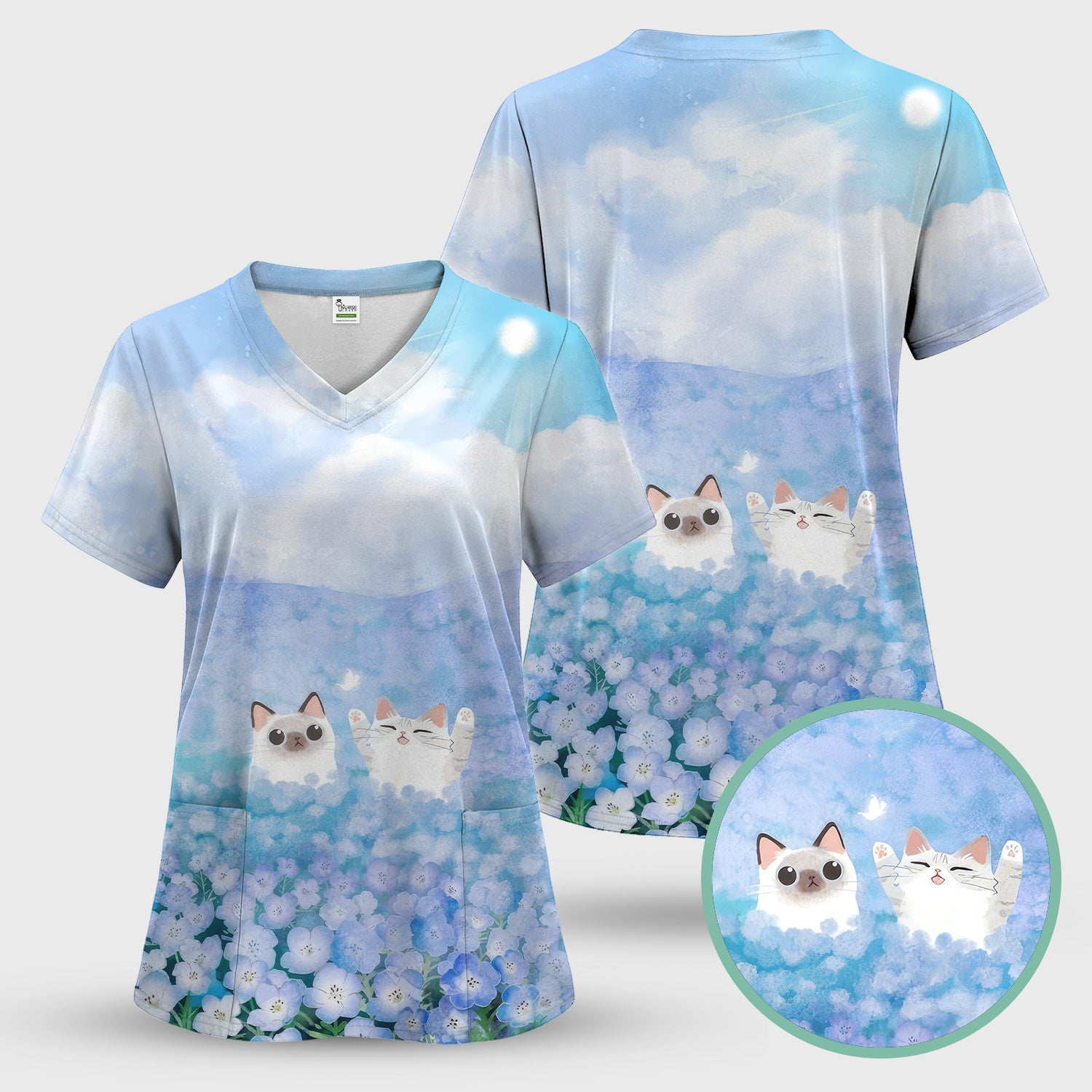 Dreamy Cat Cloud Hydrangea Sky Pattern Scrub Set, Scrub Pants and V Neck Top