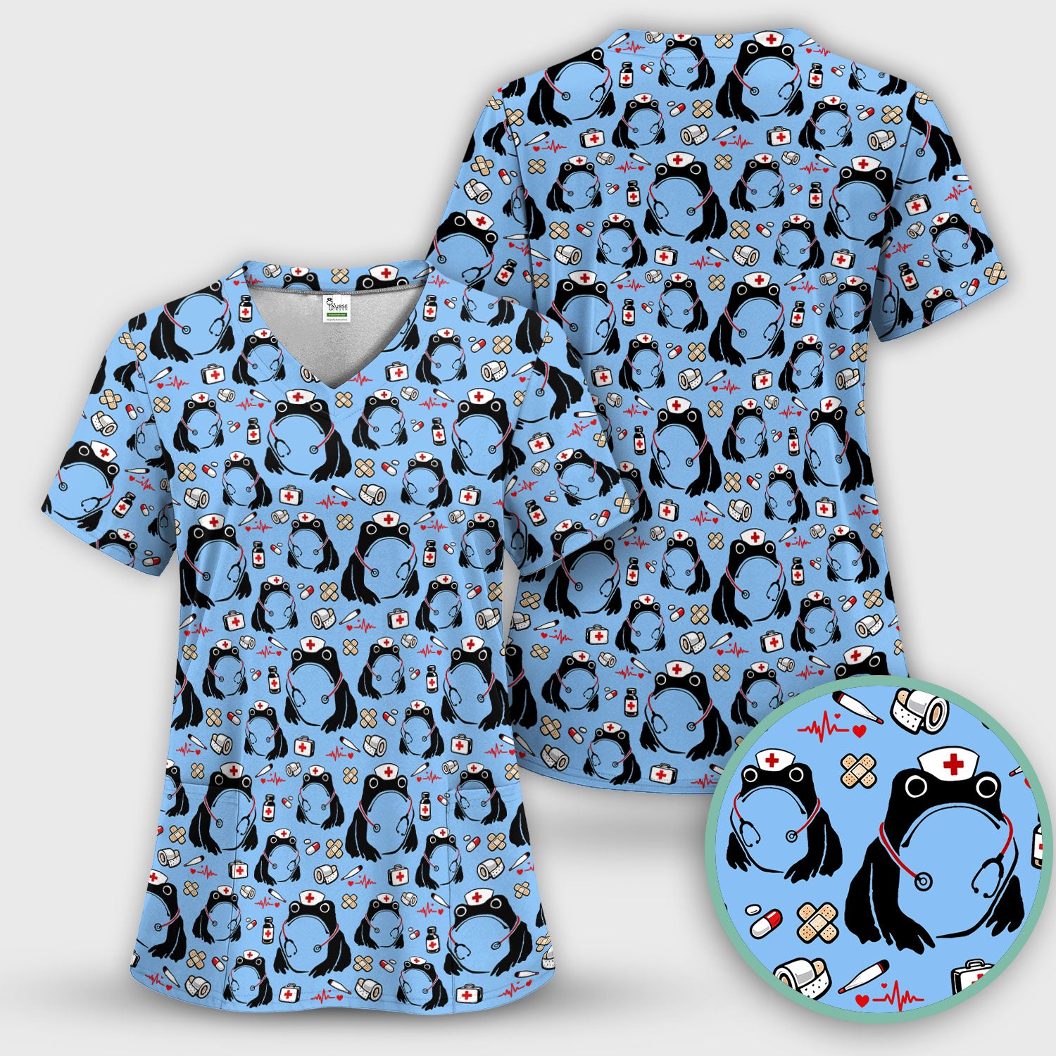 Cute Frog Nurse Medical Print Scrub Top, Comfortable Scrubs for Nurses