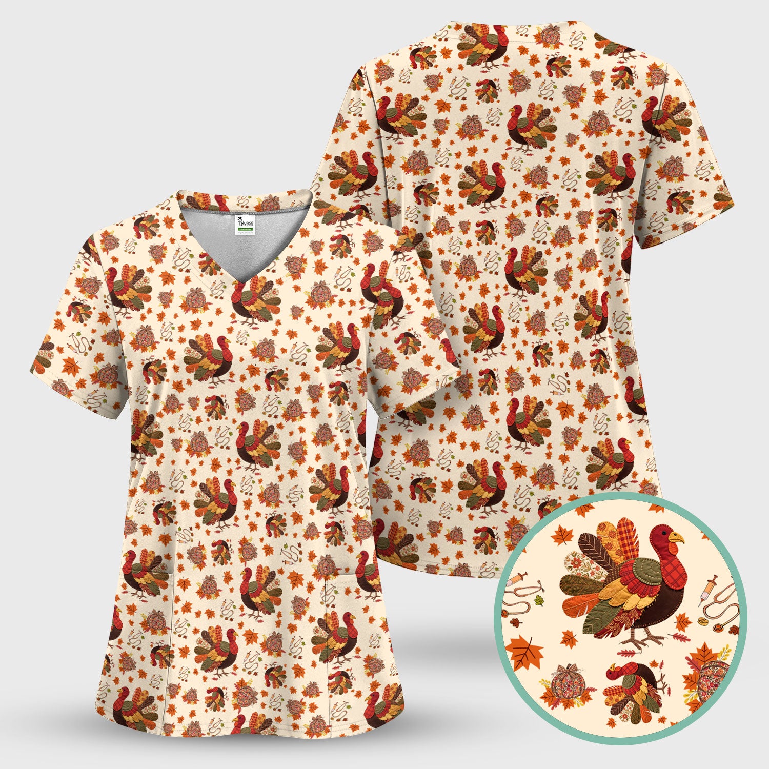 Thanksgiving Turkey Nurse Scrub Top for Women - Fall Leaves Pattern Shirts - Autumn Nursing Uniform Gift for RN LPN CNA