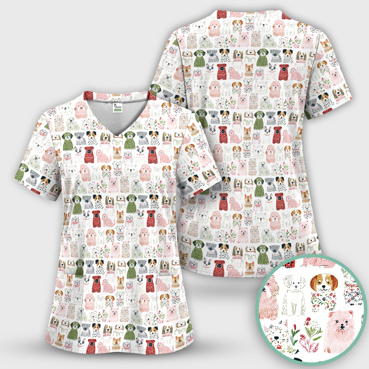Cute Cartoon Dog Breeds Pattern Scrub Top, Comfortable Scrubs for Nurses