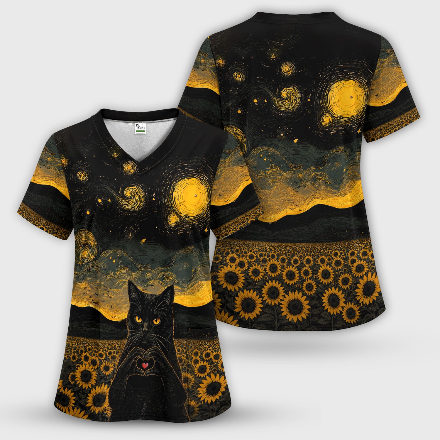 Cute Black Cat Sunflower Night Pattern Scrub Top, Comfortable Scrubs for Nurses