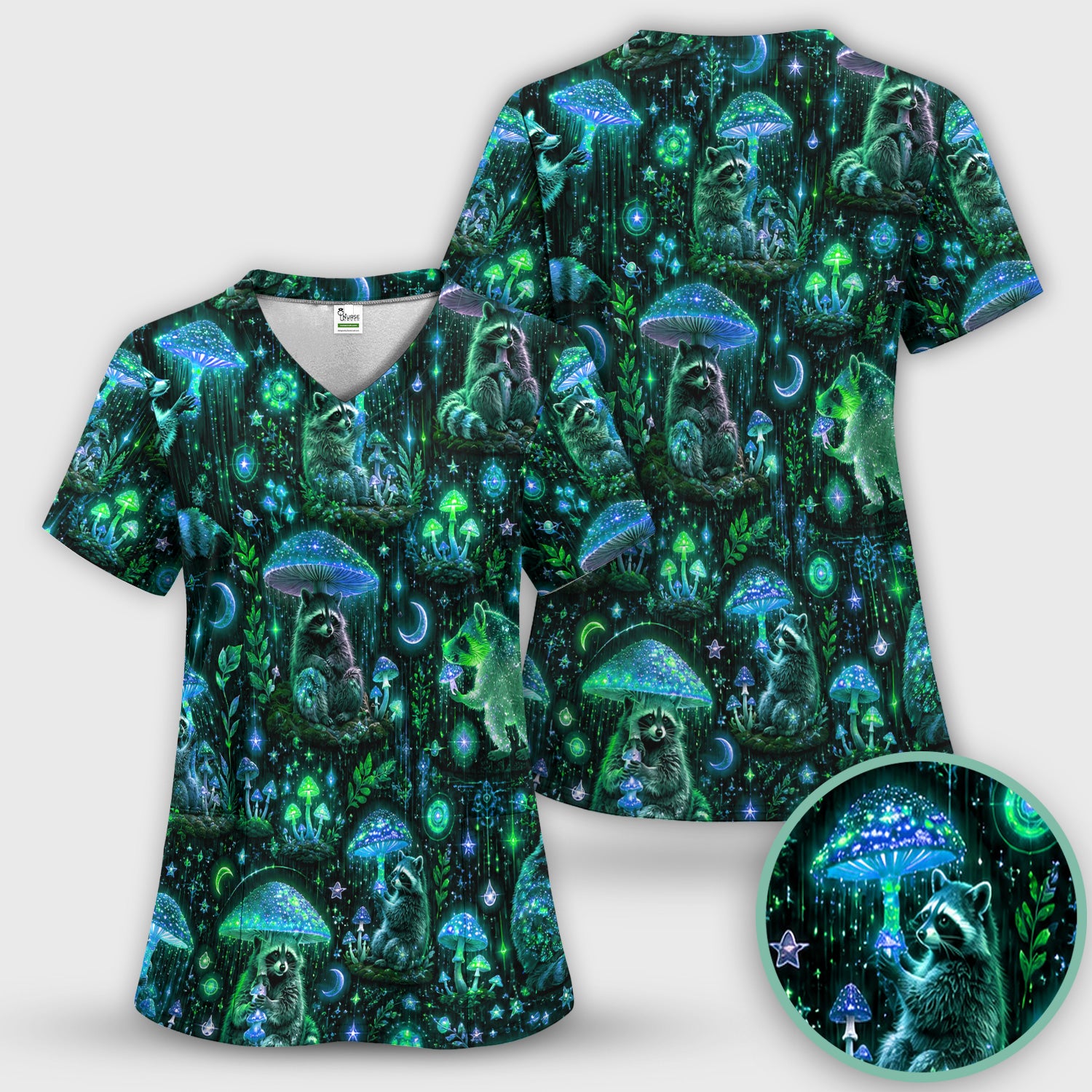 Glowing Raccoon Forest Pattern Scrub Set, Scrub Pants and V Neck Top