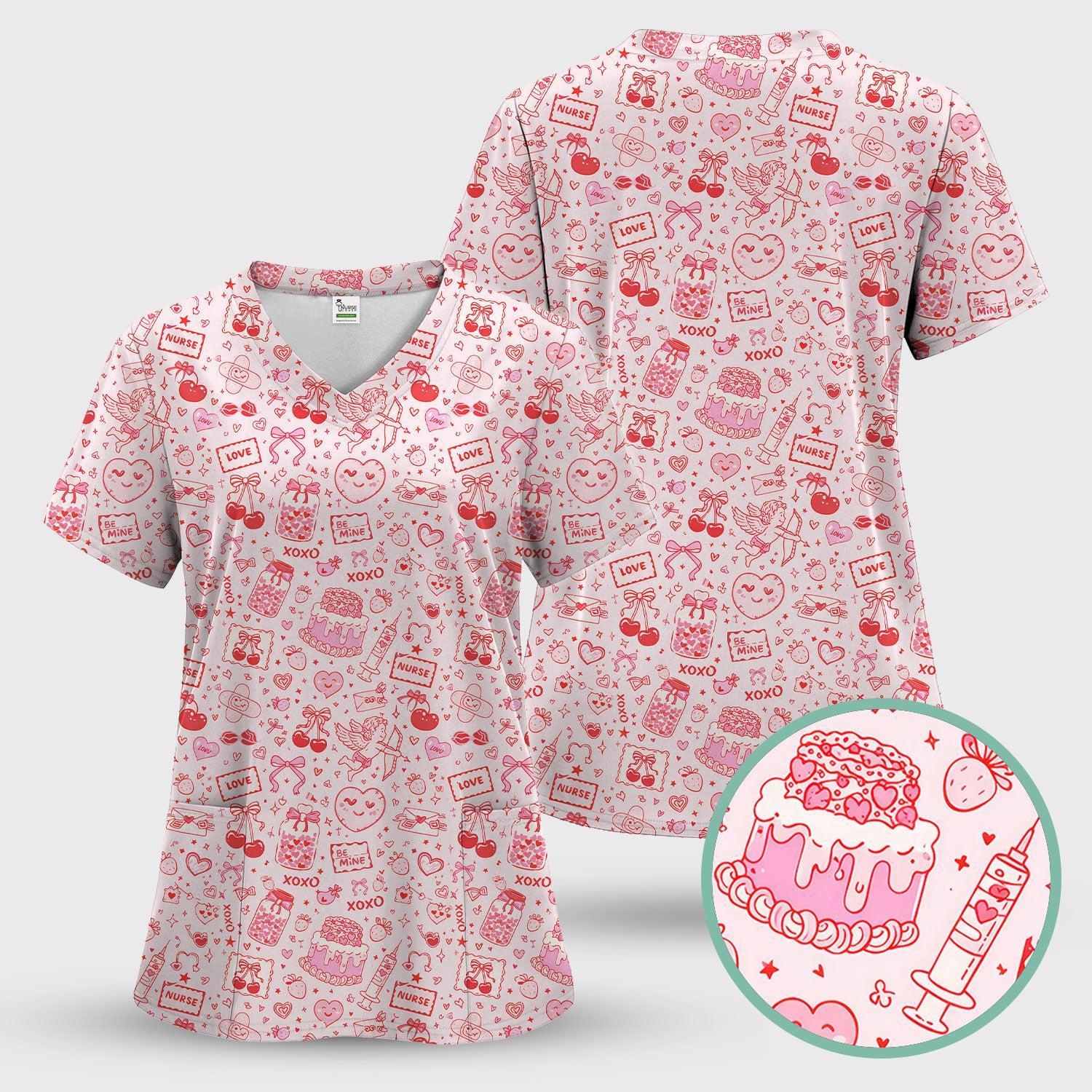 Valentine Pink XOXO Pattern Nurse Scrub Top, Comfortable Uniform Scrubs For Nursing