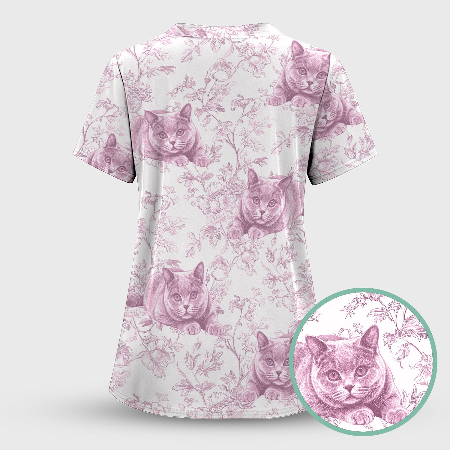Custom Dog Cat Style Chinoiserie Pattern Scrubs Top, Comfortable Scrubs for Nurses