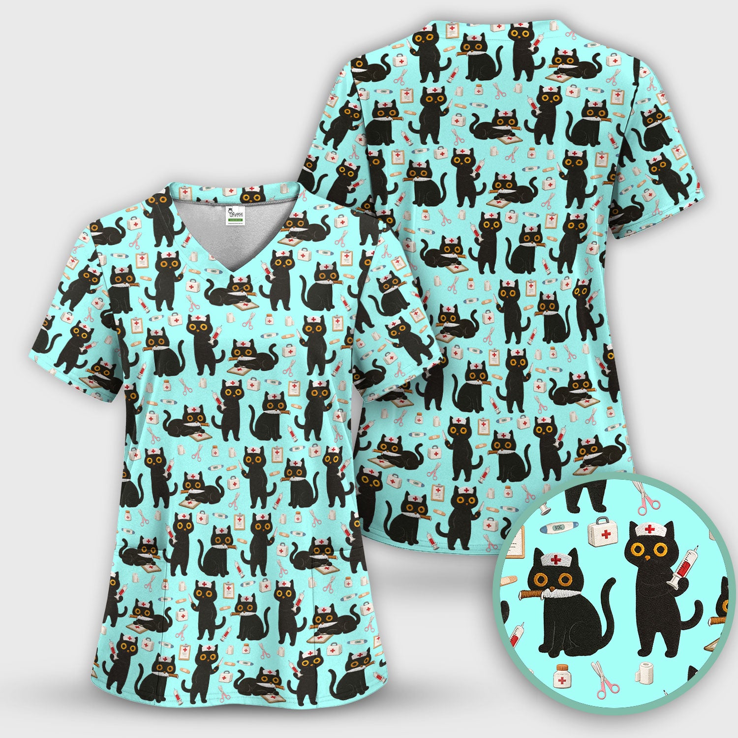 Cute Black Cat Nurse Pattern Women's Scrub Set, Breathable Med Uniform