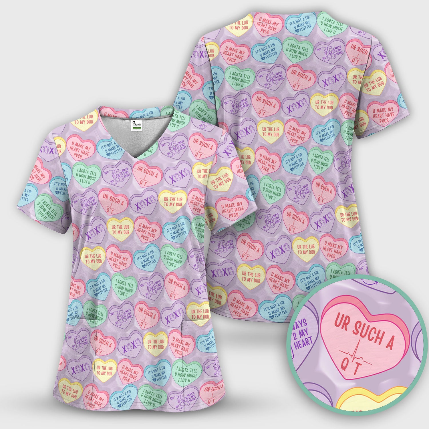 Medical Candy Heart Valentine Pattern Scrub Top, Fun Medical Pattern, Comfortable Scrubs for Nurses
