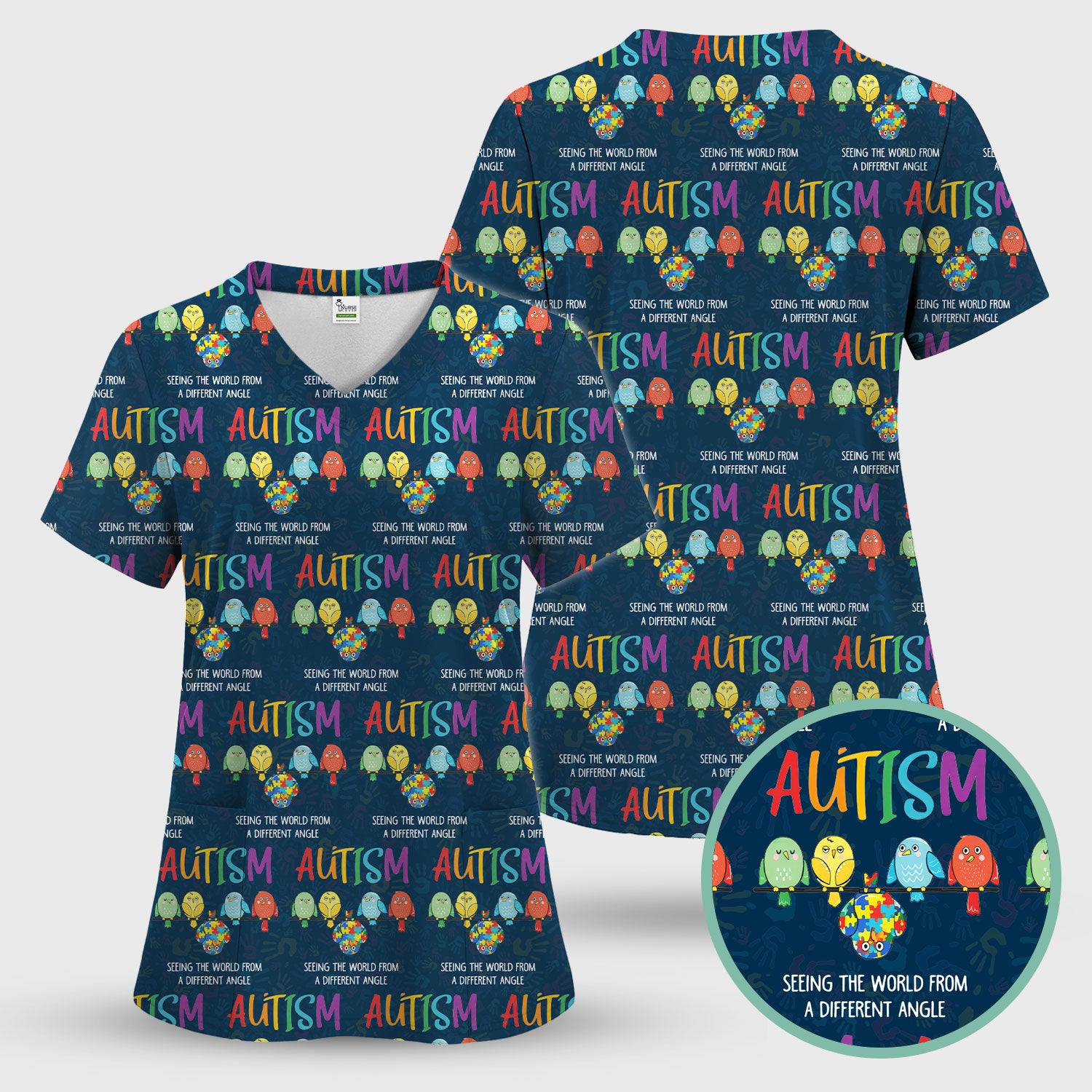 Autism Seeing The World From A Different Angle Birds Scrub Top ,Comfortable Scrubs for Nurses