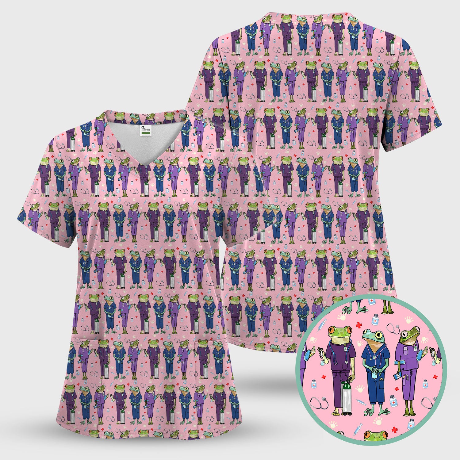 Funny Frog Nurse Pattern Scrub Set, Scrub Pants and V Neck Top