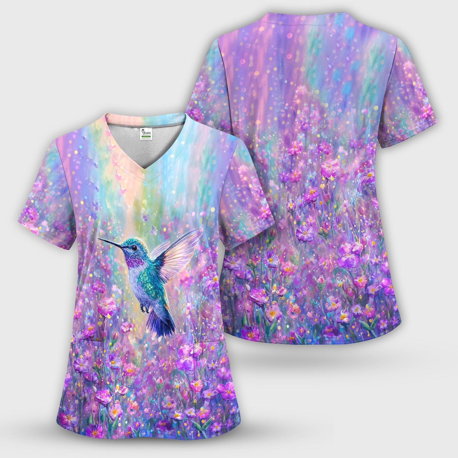 Watercolor Hummingbird with Purple Floral Garden Print Scrub Set, Scrub Pants and V Neck Top