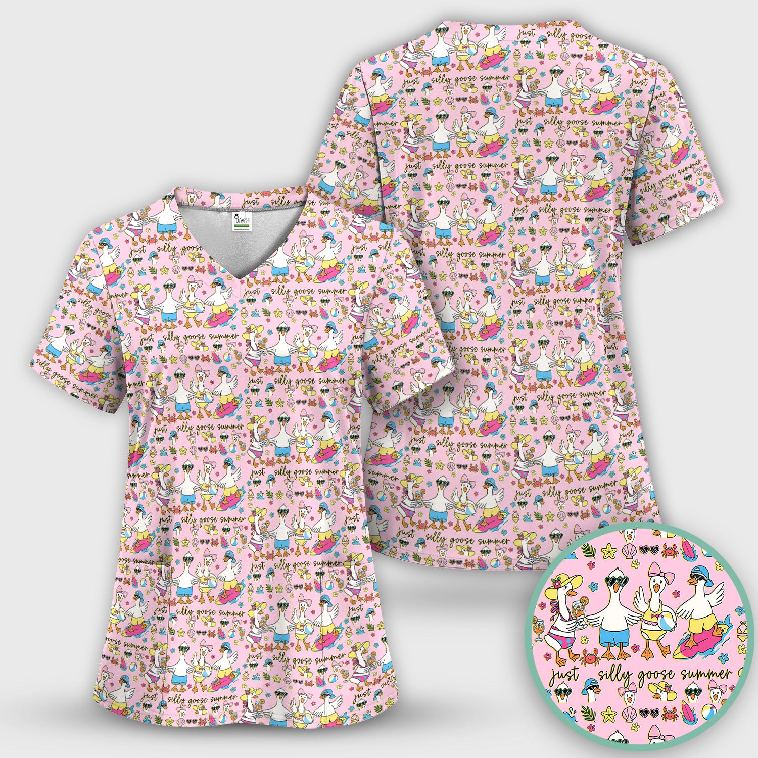 Silly Goose Summer Pattern Scrub Top, Breathable Fabrics Nursing Uniform