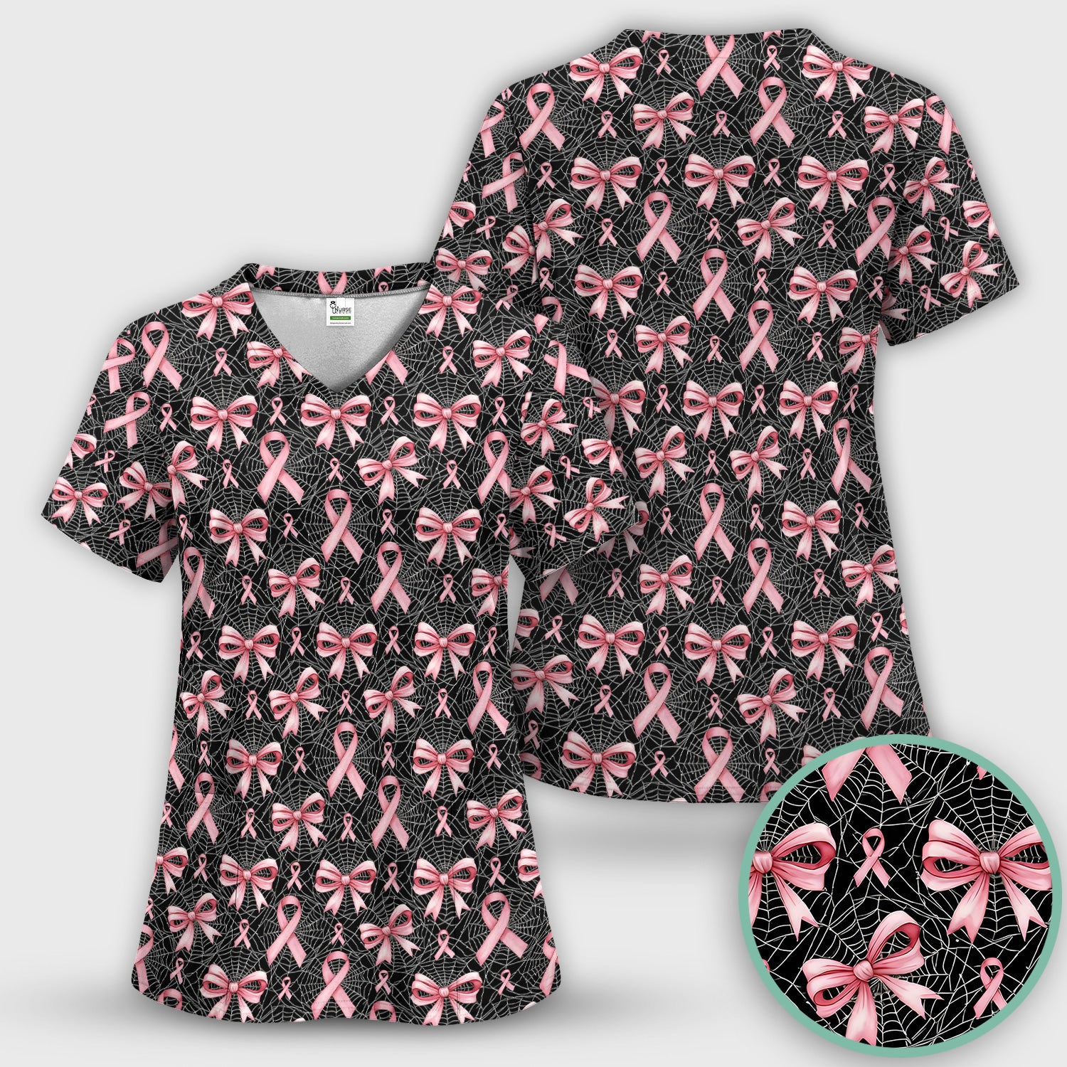 Pink Ribbon Pattern Scrub Set, Scrub Pants and V Neck Top