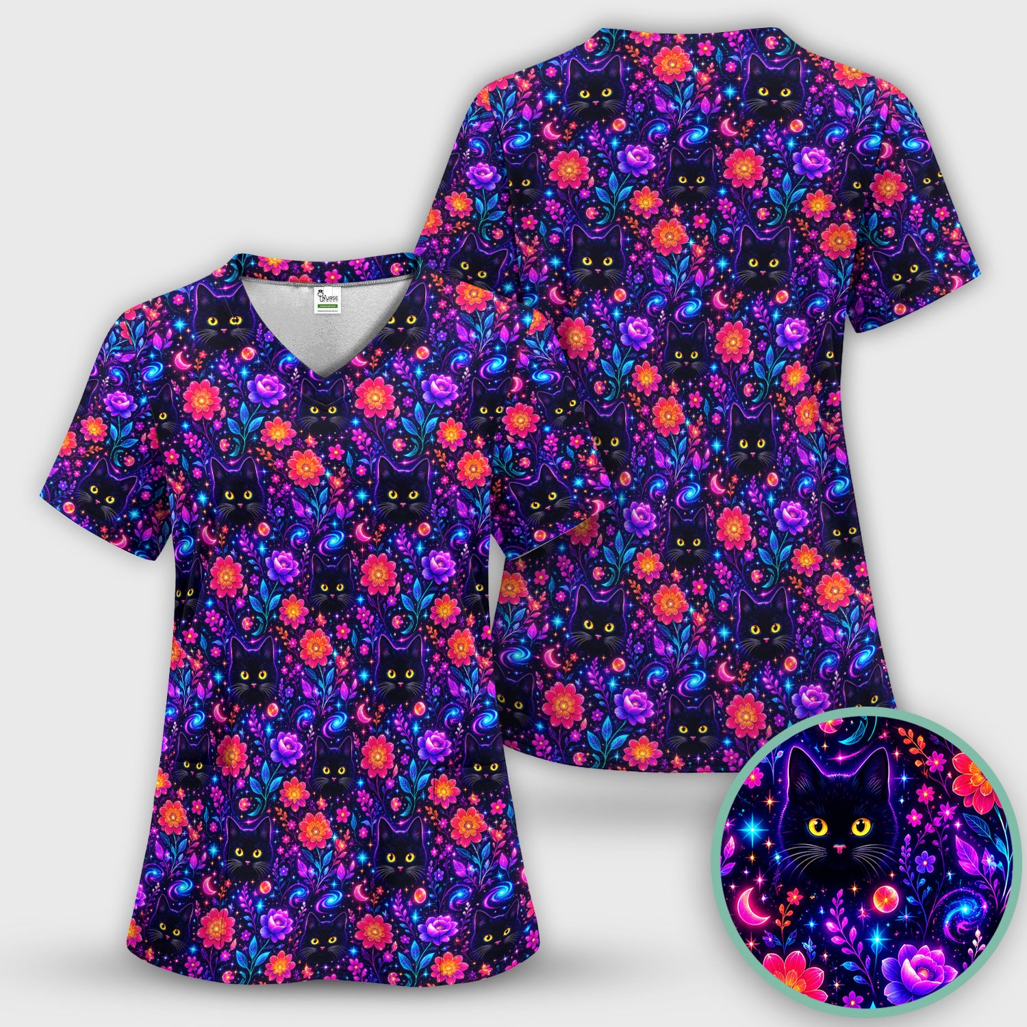 Galaxy Black Cat Floral Pattern Scrub Set, Scrub Pants and V Neck Top