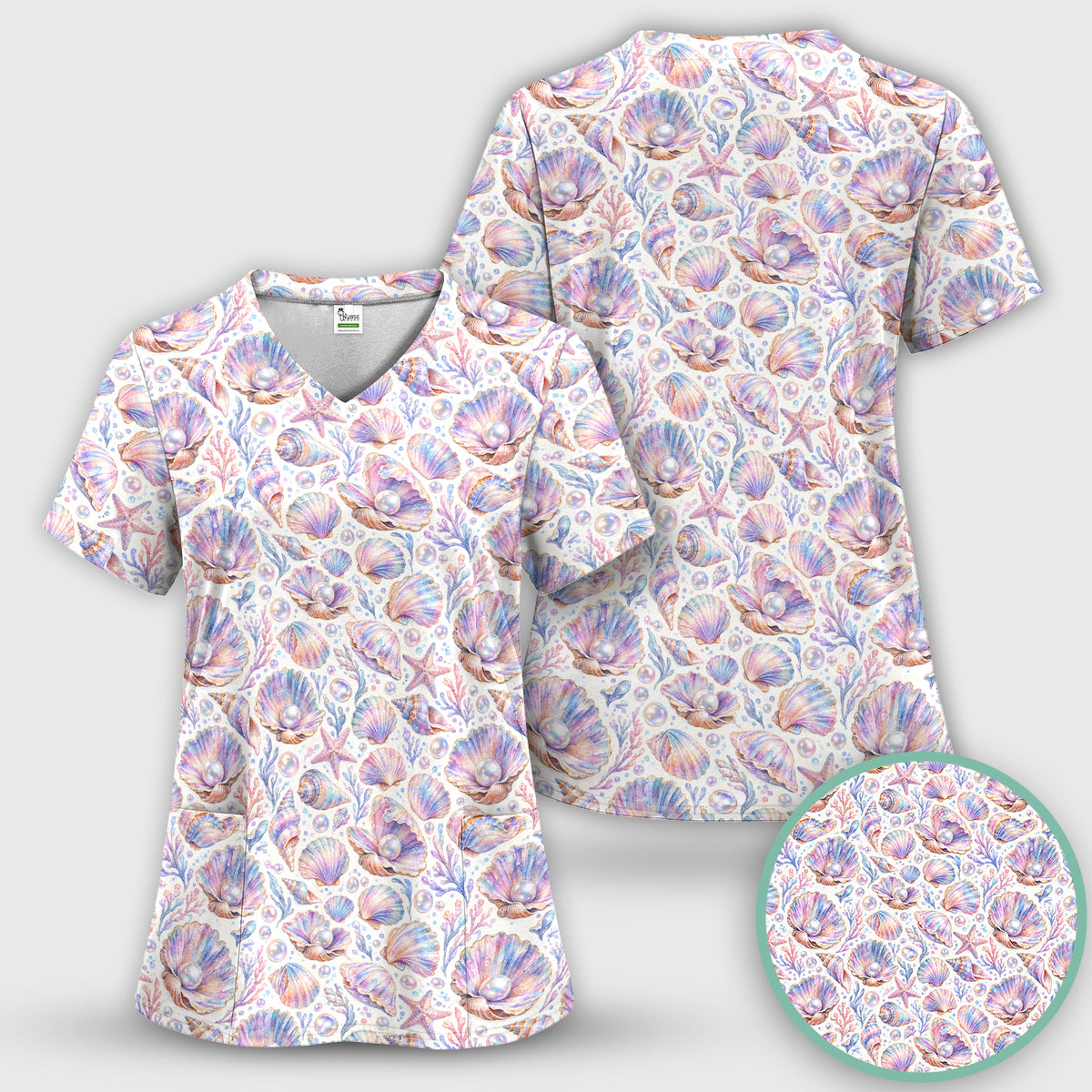 Pastel Seashell And Pearl Pattern Scrub Top, Comfortable Scrubs for Nurses