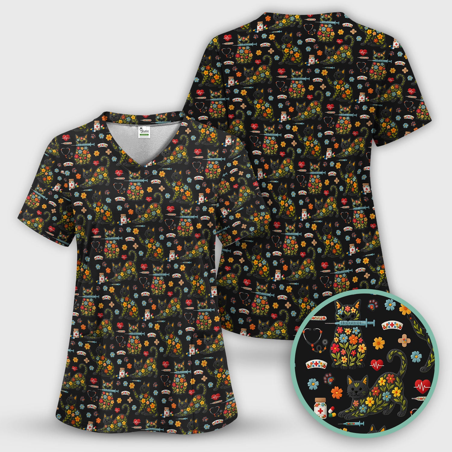 Floral Black Cat Pattern Scrub Top, Cute Cat Nurse Scrub Shirt, Medical Nursing Uniform