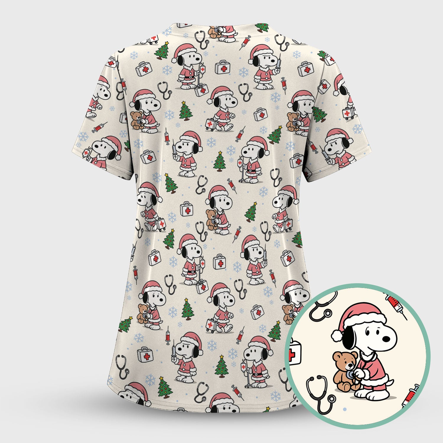 Snoopy Christmas Nurse Scrub Top for Women - Cute Cartoon Holiday Medical Uniform with Pockets - Nursing Gift for RN CNA LPN