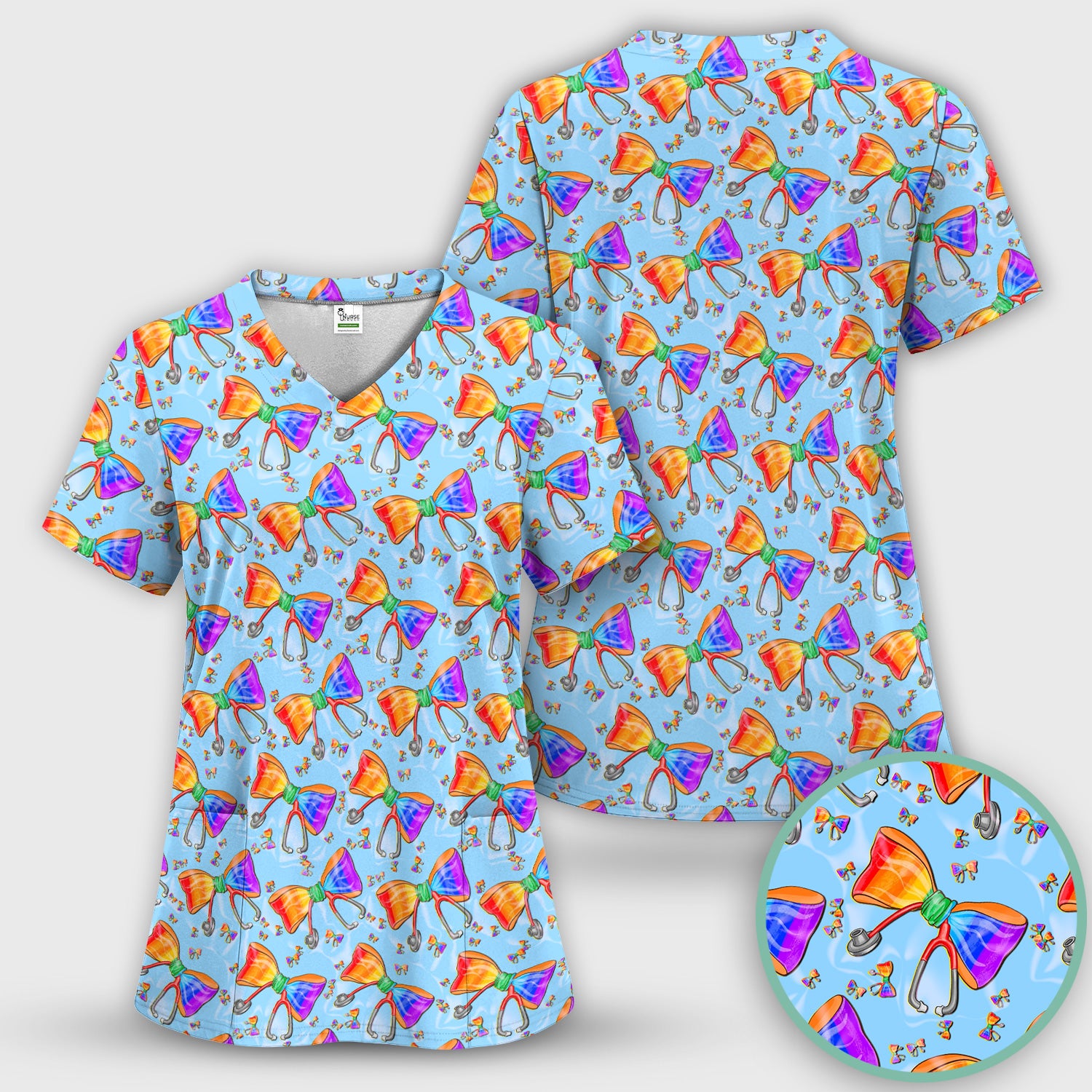 Colorful Rainbow Bow Stethoscope Pattern Scrub Top, Breathable Fabrics Nursing Uniform