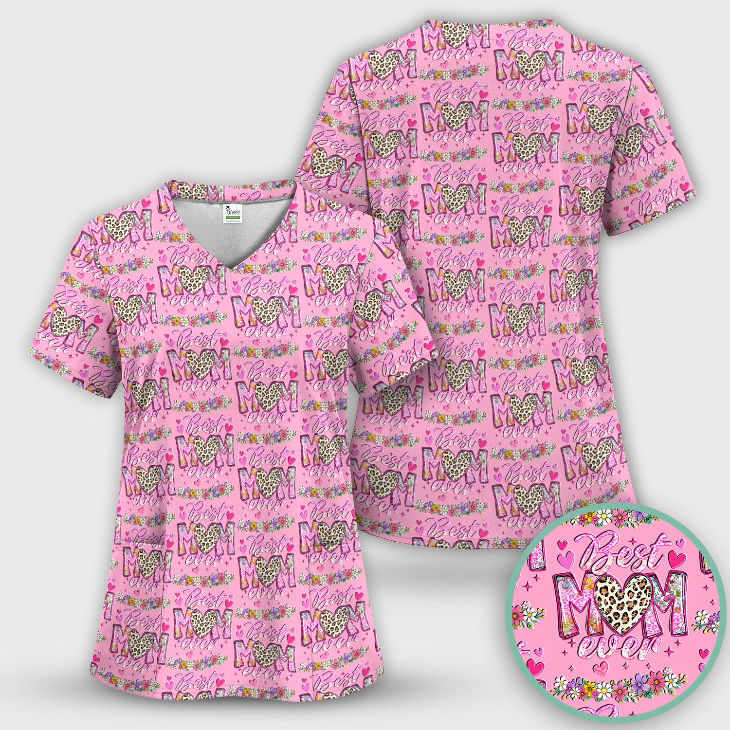 Best Mom Ever Leopard Heart Floral Pattern Scrub Set, Nurse Uniform Scrubs Set