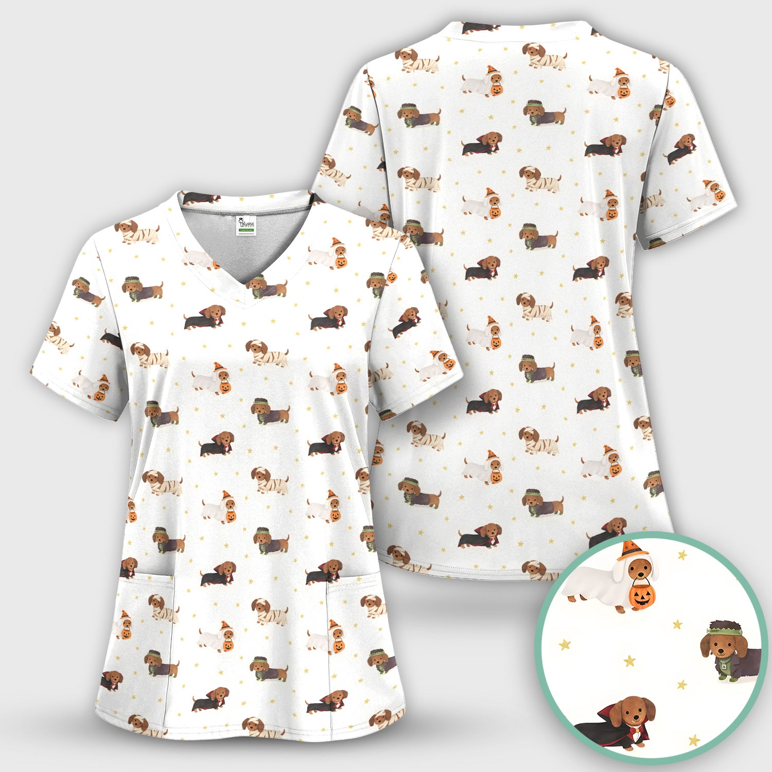 Halloween Dachshund Costumes Print Scrub Set, Scrub Pants and V Neck Top