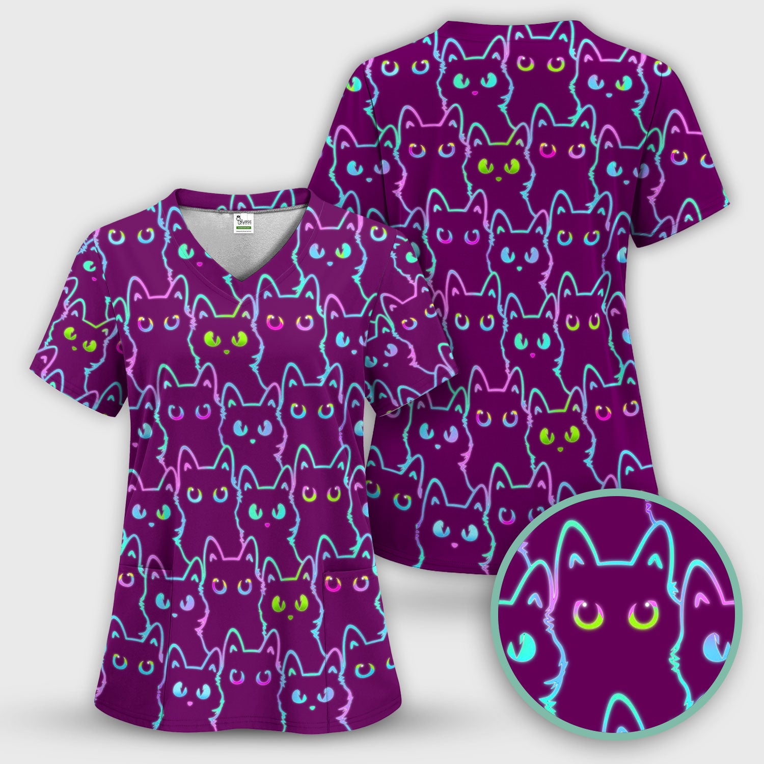 Neon Cat Pattern Scrub Top, Black Cat Scrub Shirt, Breathable Fabrics Nursing Uniform