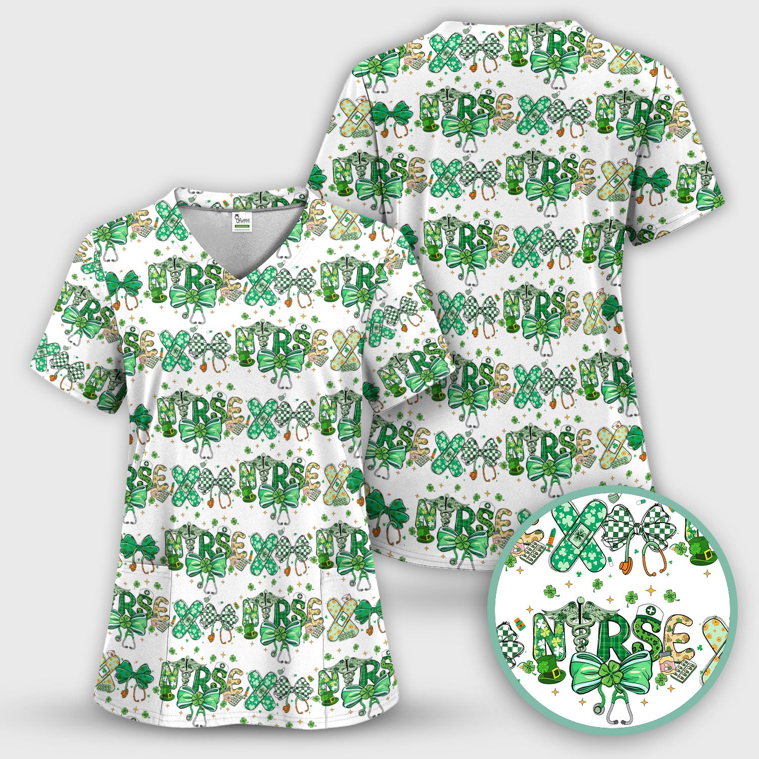 St. Patrick’s Nurse Scrub Top, Lucky Clover And Green Bow Pattern Nurse Shirt, Breathable Fabrics Nursing Uniform