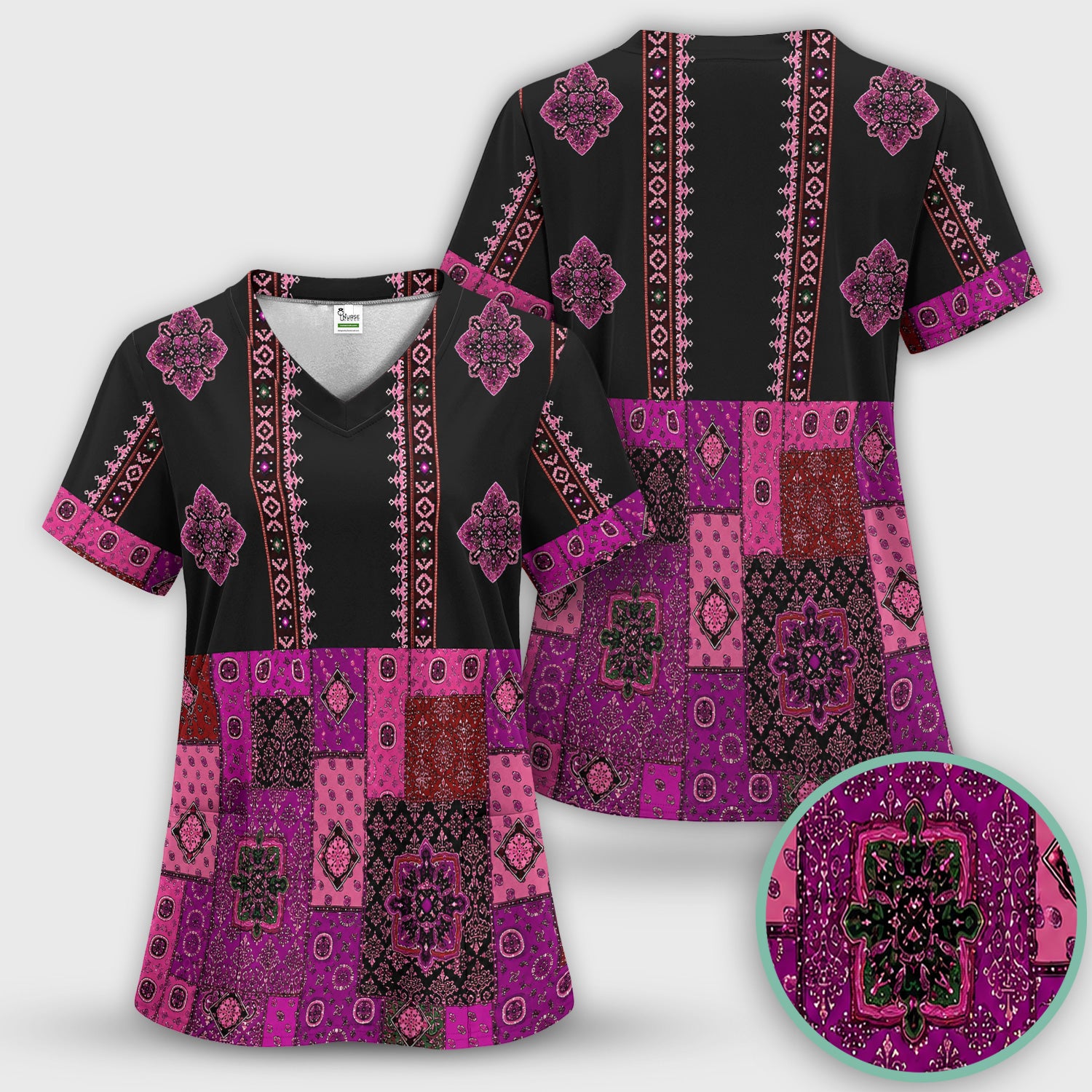 Boho Pink Bandana Patchwork Pattern Scrub Top, Comfortable Scrubs for Nurses