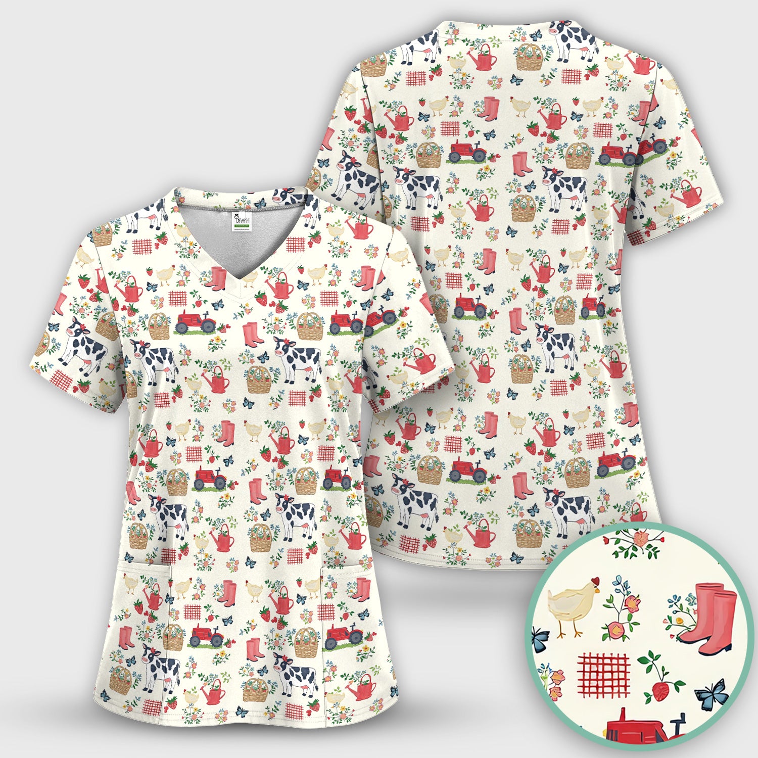 Cute Cow Chicken Farm Pattern Scrub Top, Breathable Fabrics Nursing Uniform