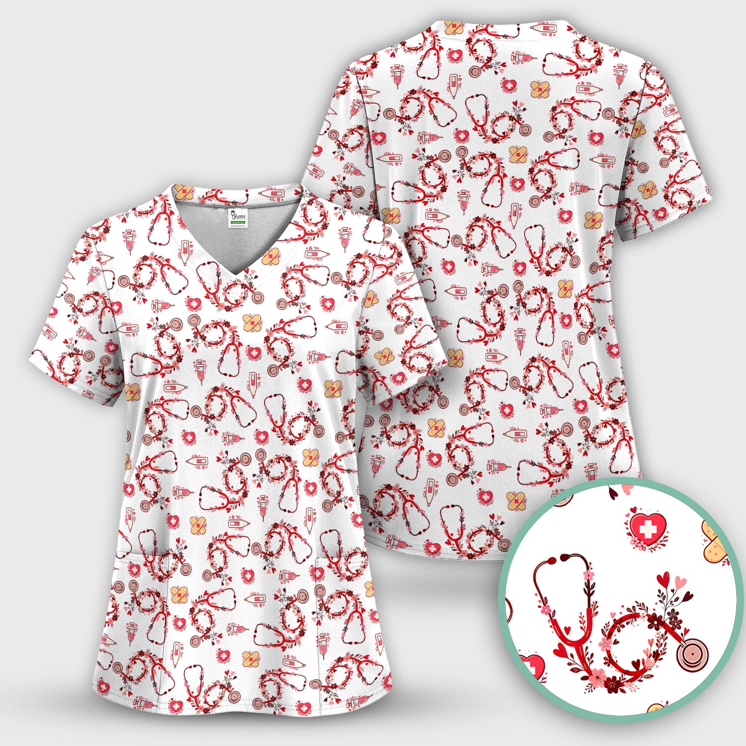 Heart Stethoscope Medical Pattern Scrub Top, Breathable Fabrics Nursing Uniform
