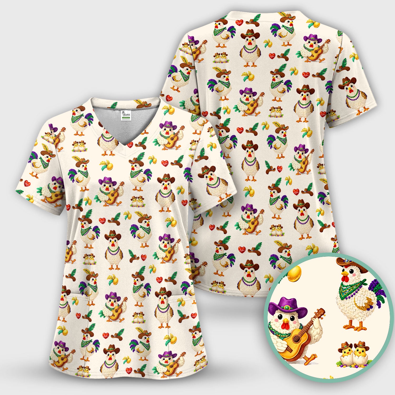 Funny Mardi Gras Rooster Cowboy Print Scrub Top, Comfortable Scrubs for Nurses