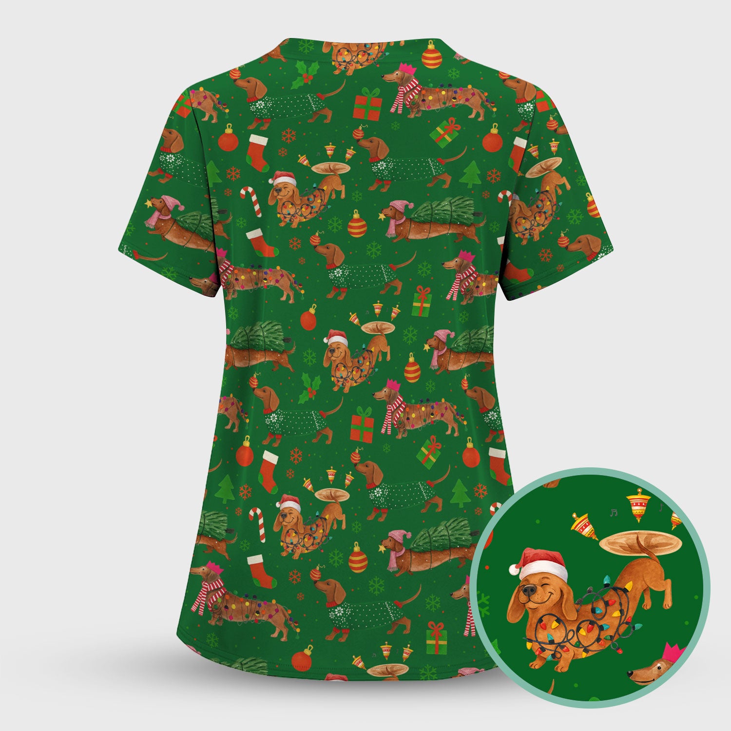 Dachshund Christmas Scrub Shirt - Multi Color Dog Print Scrubs - Funny Holiday Scrubs Gift for Women Men, Nurse, CNA, RN