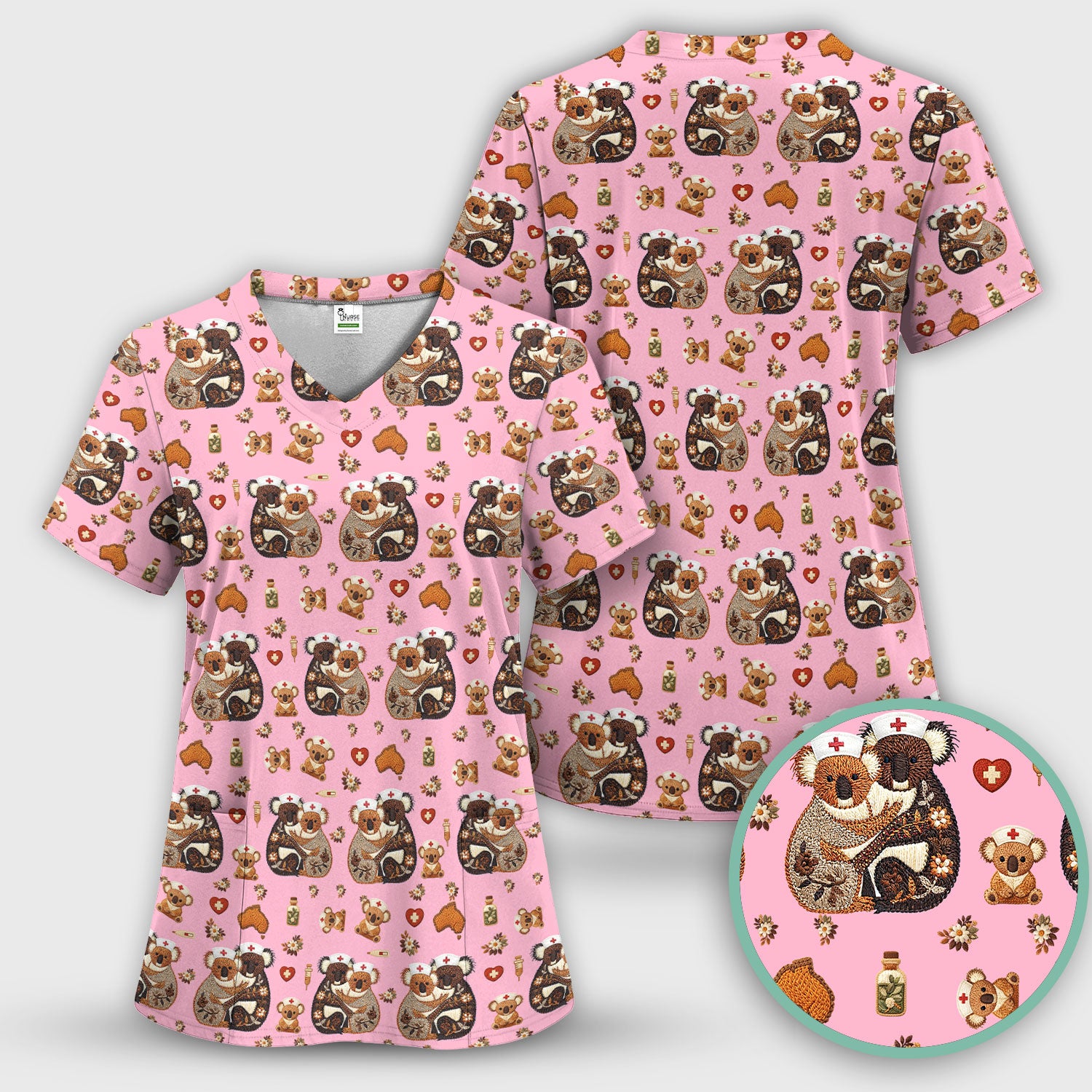 Cute Cartoon Koala Valentine Nurse Design Scrub Top, Breathable Fabrics Nursing Uniform