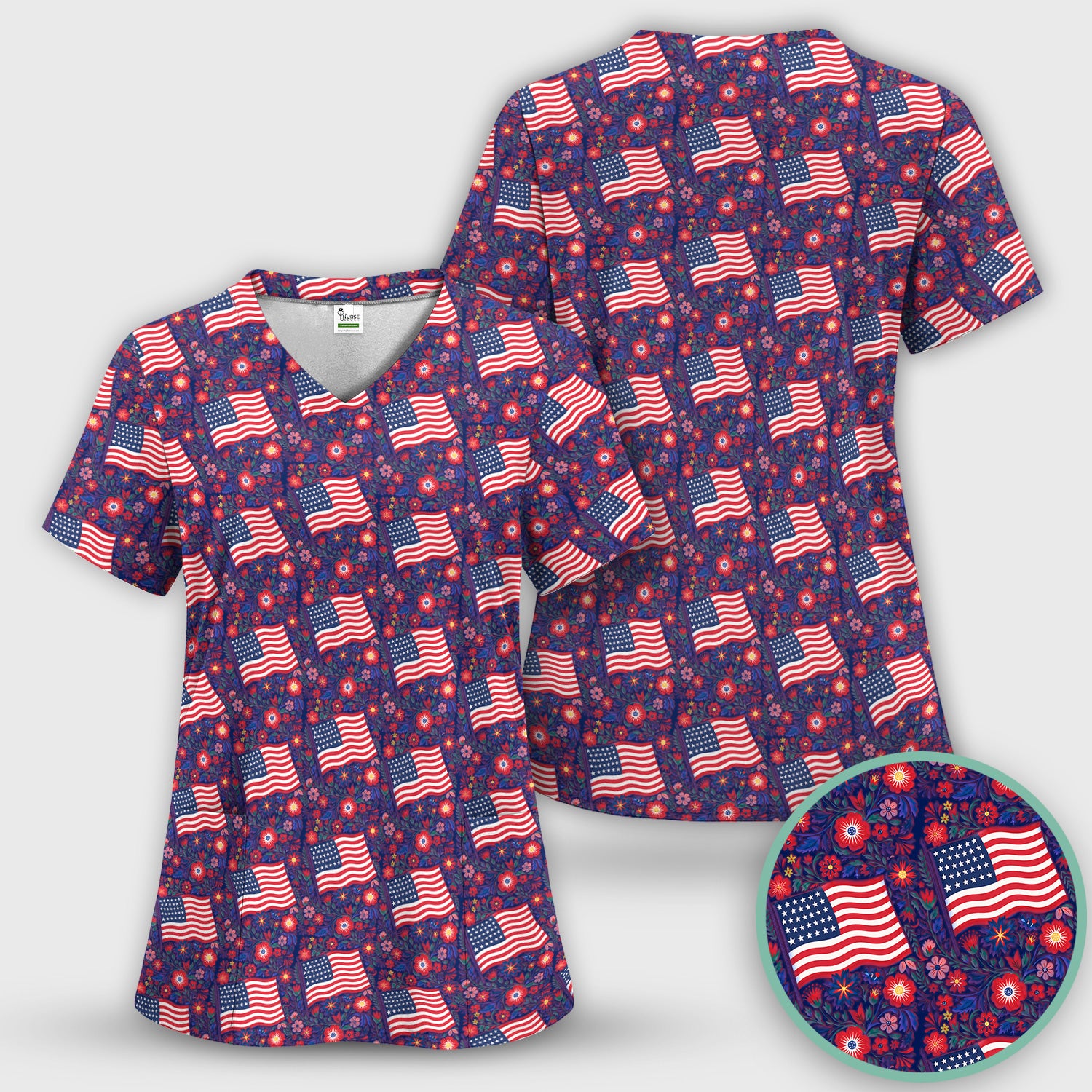 Patriotic USA Flag With Floral Fireworks Pattern Scrub Set, Scrub Pants and V Neck Top