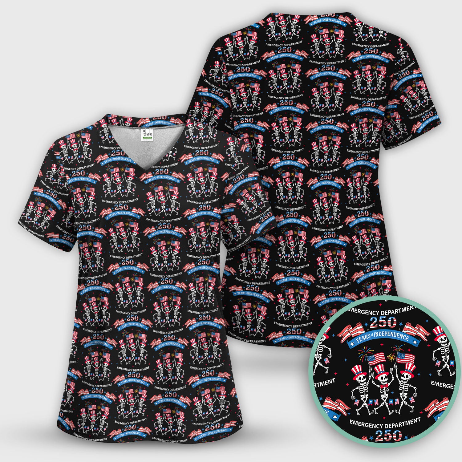 Patriotic Skeleton 250 Years ER Print Scrub Sets, Breathable Med Uniform