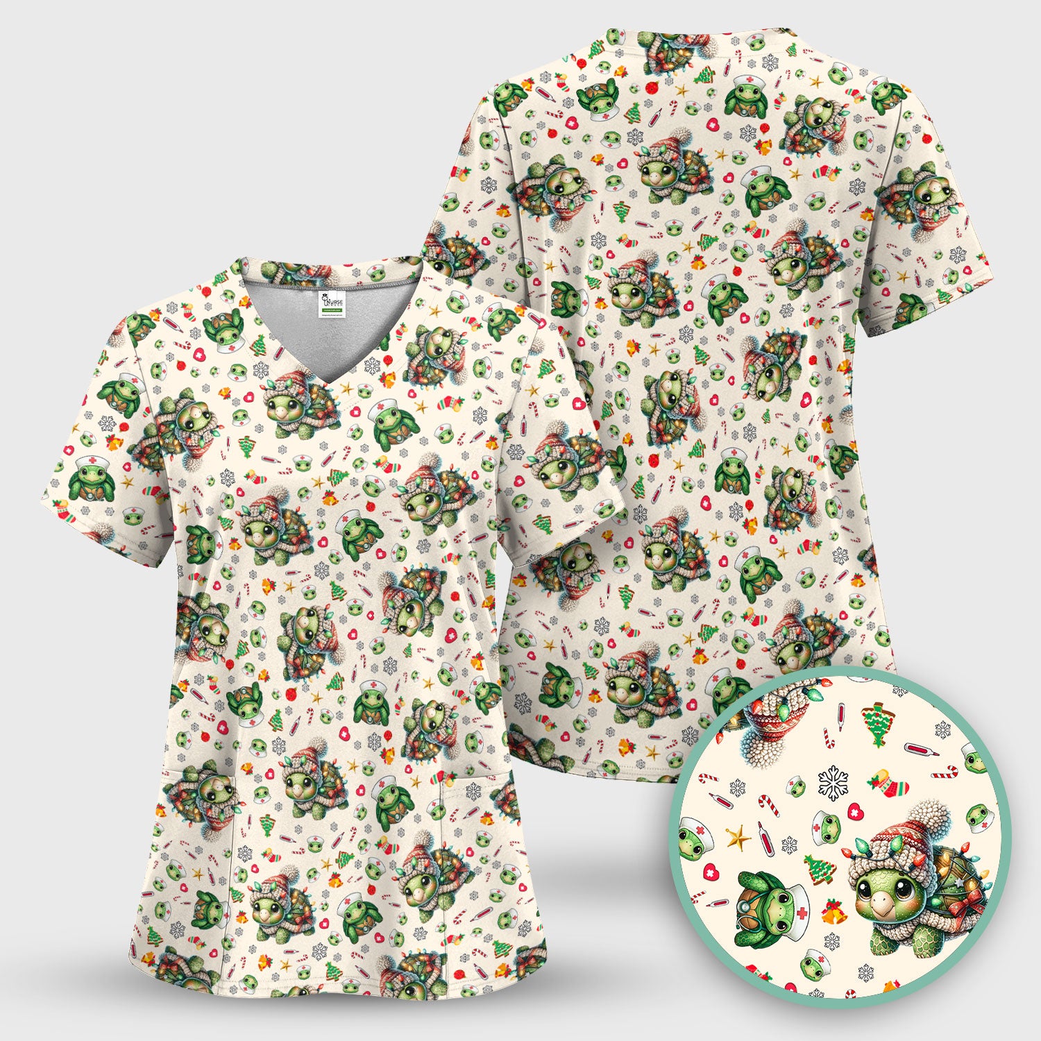 Christmas Turtle Scrub Top - Cute Funny Nurse Shirt - Holiday Medical Uniform for Women RN LPN CNA Gift Idea
