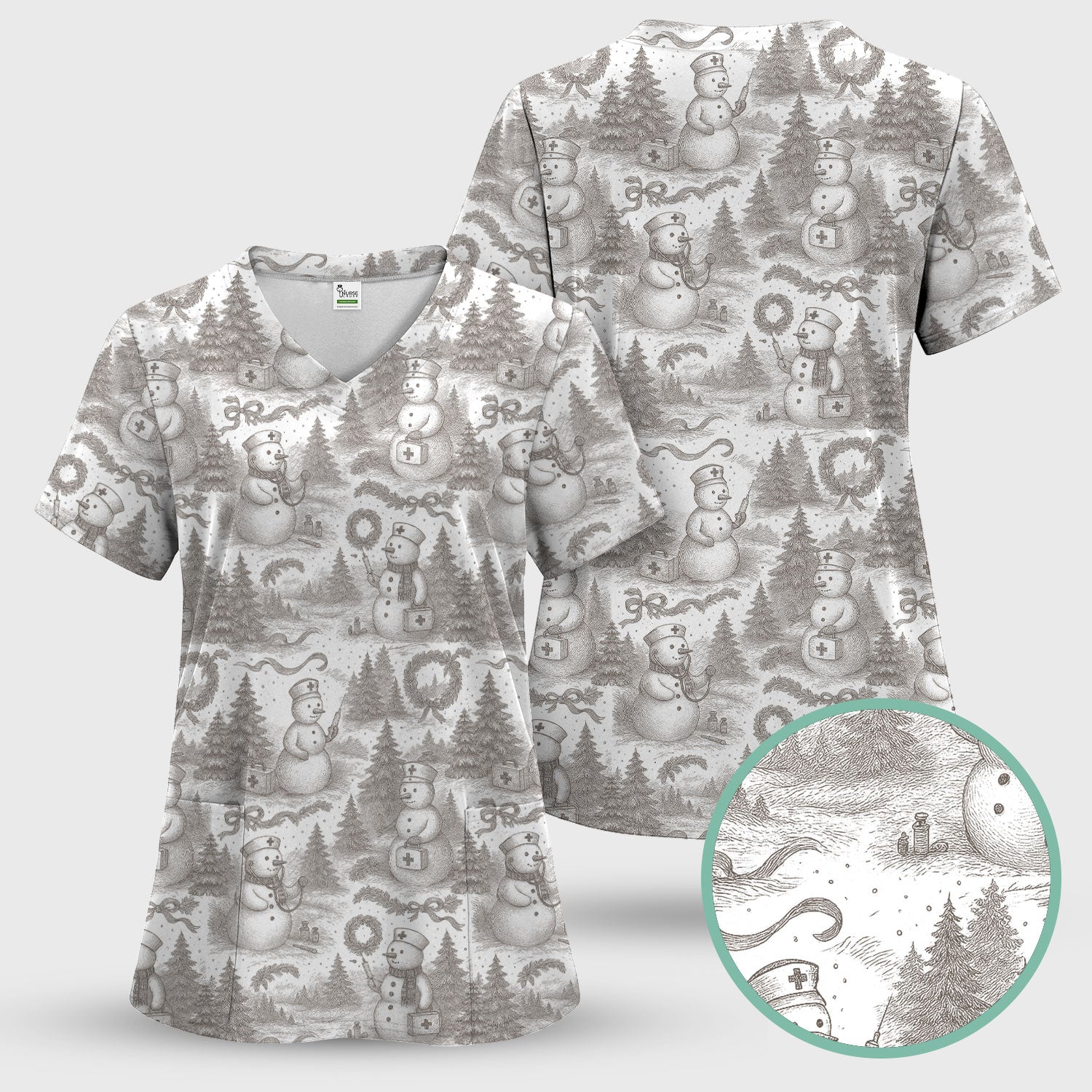 Toile de Jouy Christmas Scrubs Set – Elegant Snowman and Nurse Pattern – Classic Holiday Scrub Top and Pants for Women