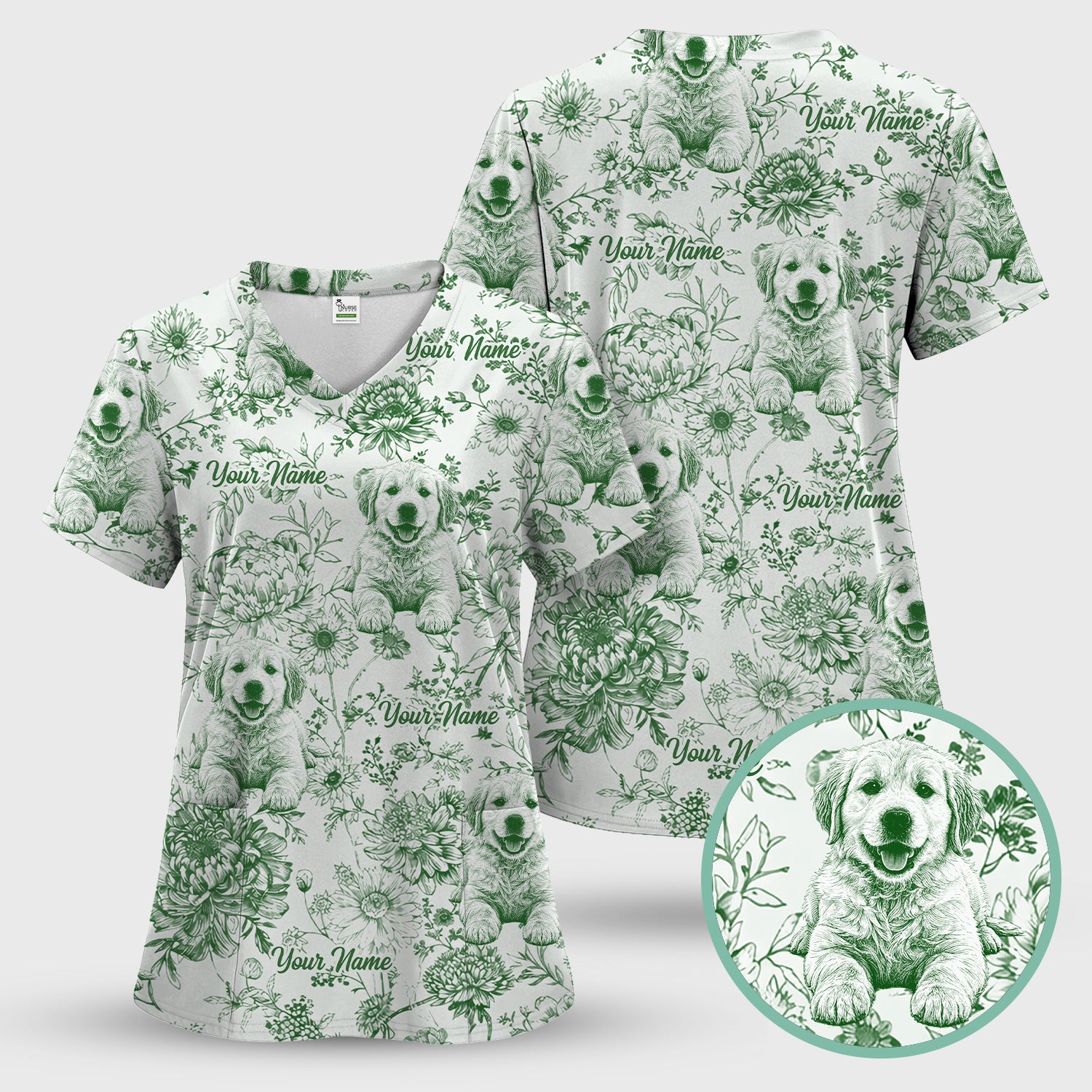 Personalized Custom Pet Photo Name Floral Pattern Scrub Top, Breathable Fabrics Nursing Uniform