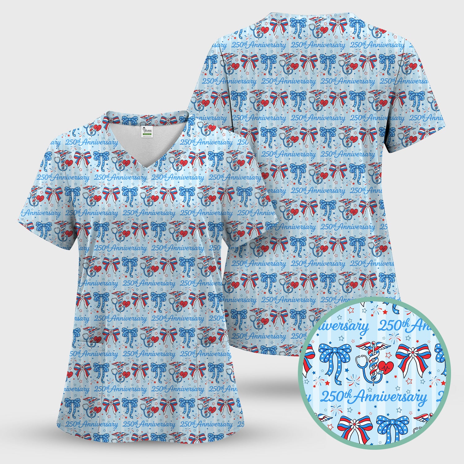 Festive 250th Anniversary Nurse Ribbon Heart Pattern Scrub Top, Comfortable Scrubs for Nurses