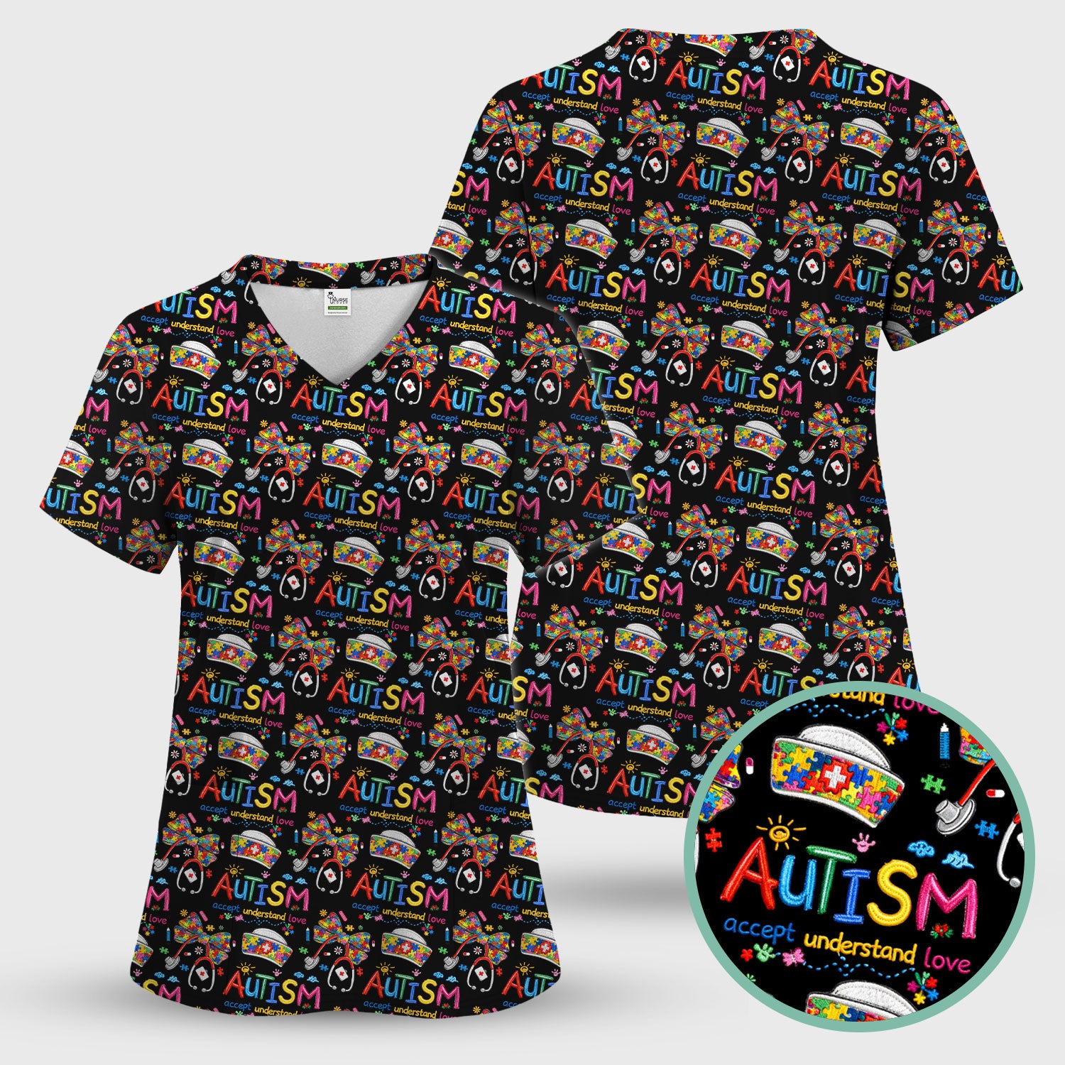 Autism Awareness Pattern Nurse Scrub Top, Accept Understand Love Puzzle Nurses Shirt, Breathable Fabrics Nursing Uniform