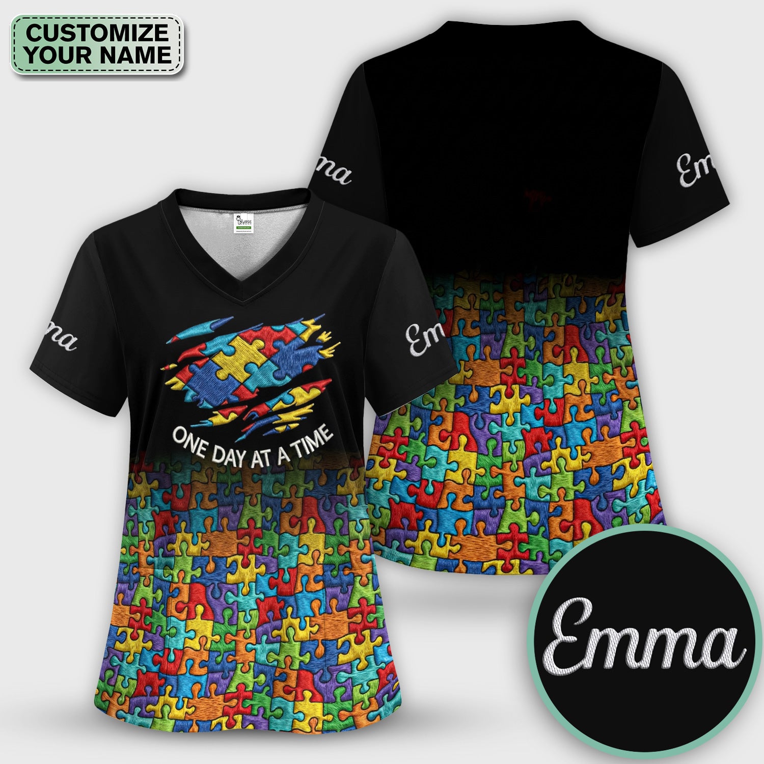 Personalized Autism Puzzle One Day At A Time Scrub Top,  Comfortable Scrubs for Nurses