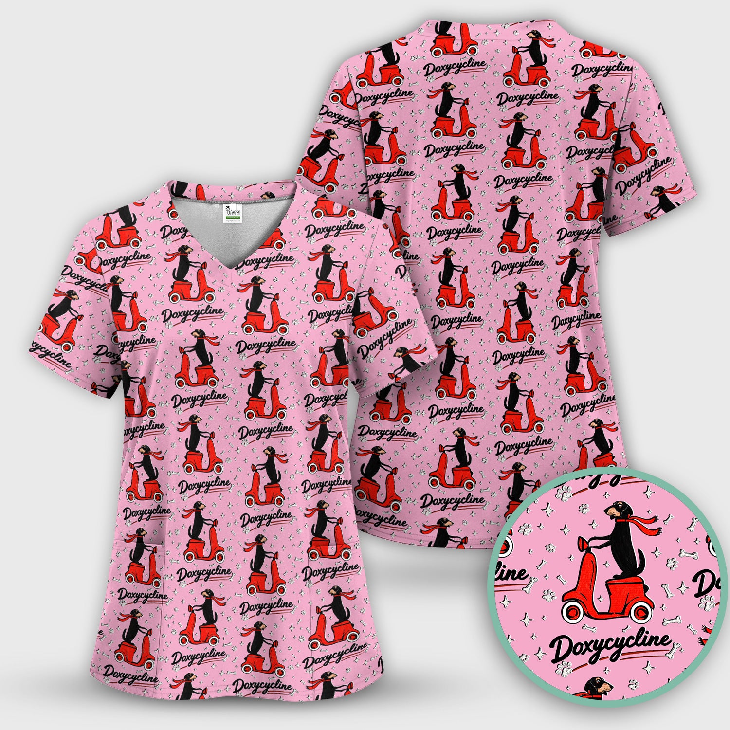 Funny Dachshund Riding Scooter Doxycycline Print Scrub Top ,Comfortable Scrubs for Nurses