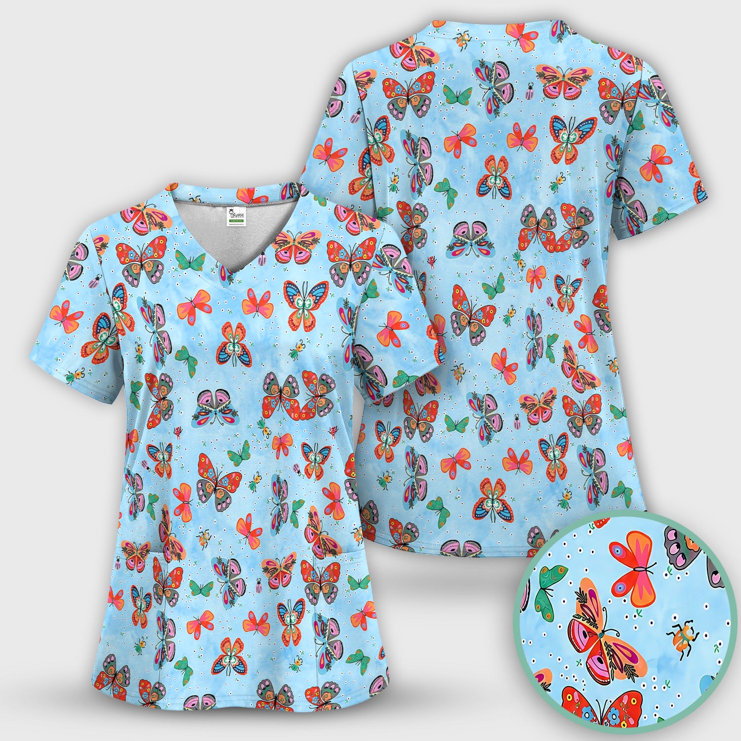 Colorful Butterfly Garden Pattern Scrub Top, Breathable Fabrics Nursing Uniform