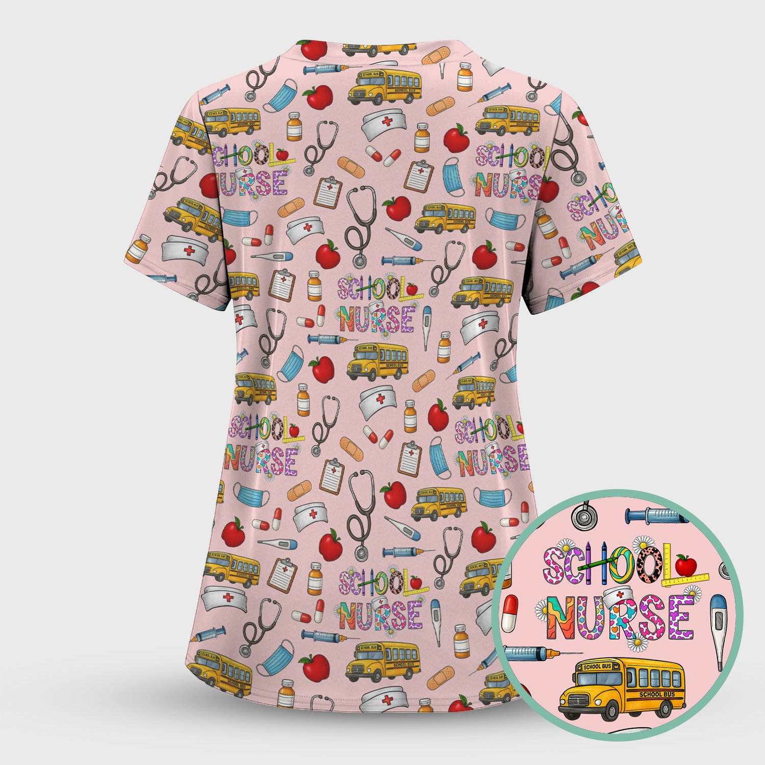 Cute School Nurse Scrub Top - Funny School Bus & Stethoscope Pattern Design - Gift for Women RN LPN