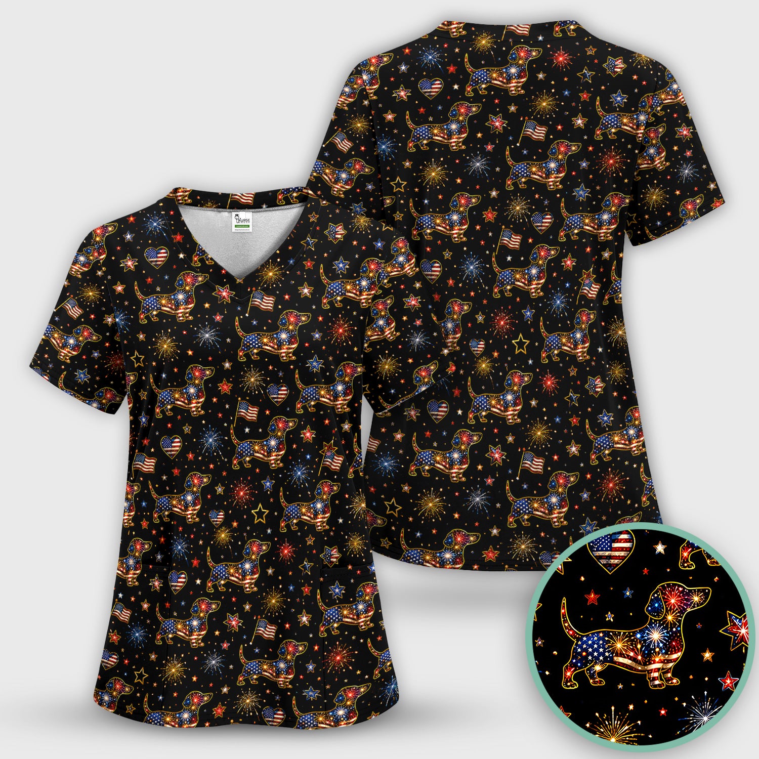 Patriotic Dachshund Nurse for RN & CNA, Fireworks Dog Lover Healthcare Uniform Scrub Top, Comfortable Scrubs for Nurses