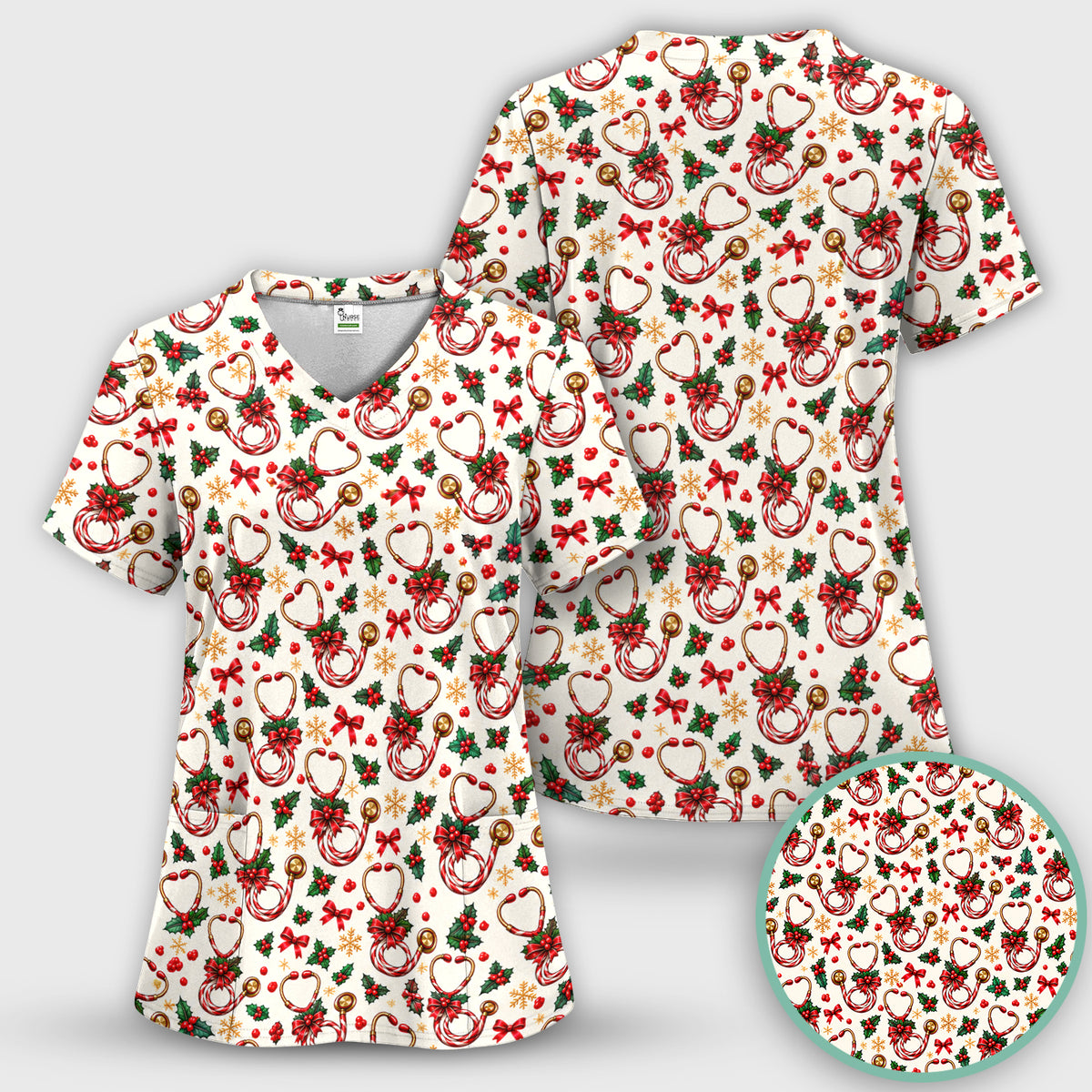 Christmas Candy Cane Stethoscope Pattern Scrub Set, Scrub Pants and V Neck Top