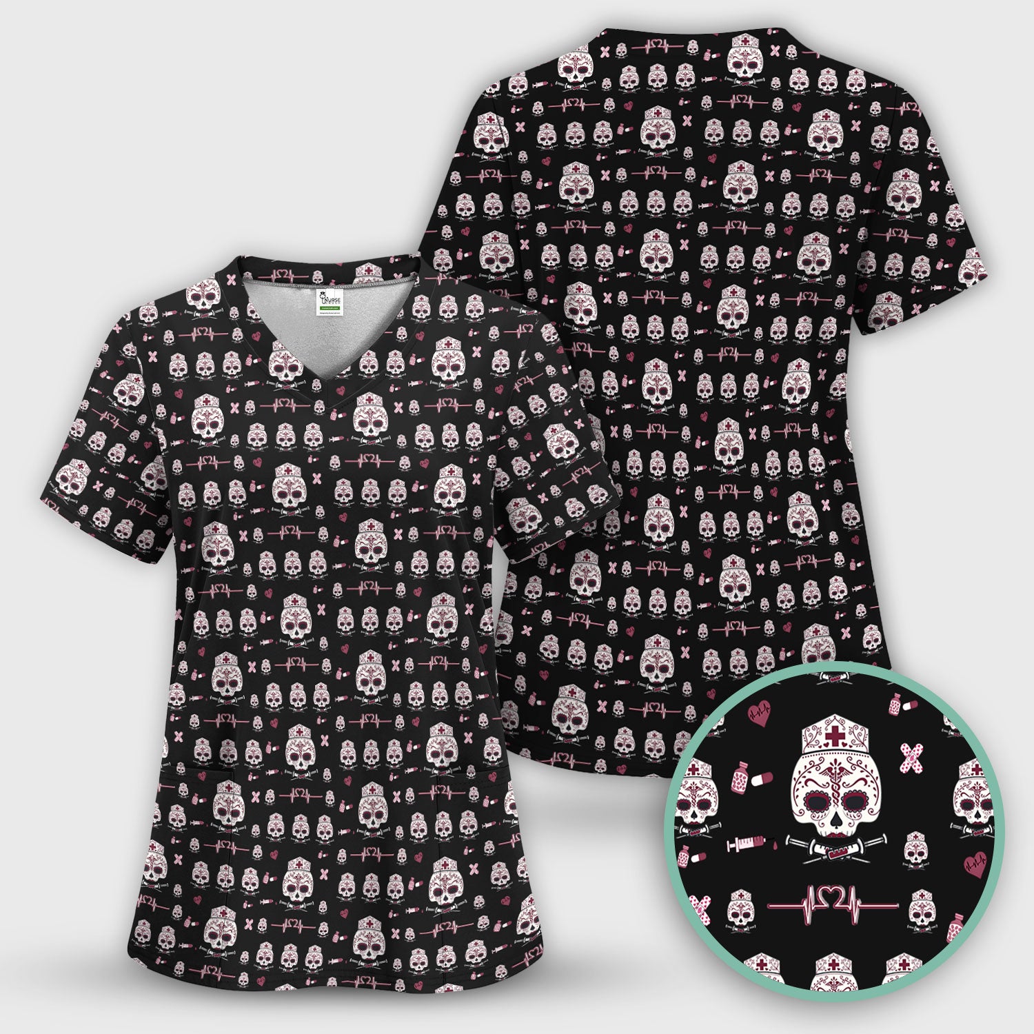 Sugar Skull Scrub Top, Skull Pattern Scrub Shirt, Breathable Fabrics Nursing Uniform