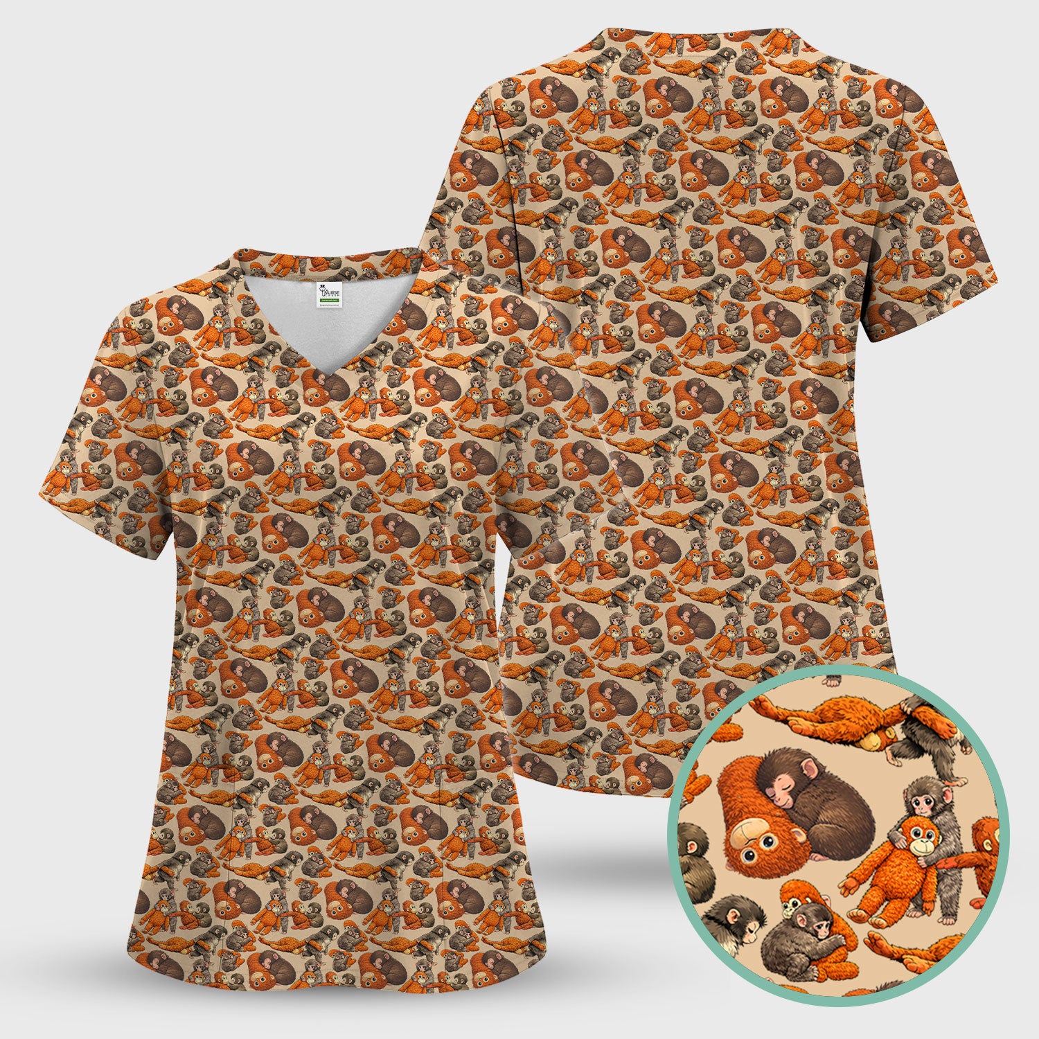 Funny Baby Monkeys With Cute Poses Pattern Scrubs Sets, Scrub Pants and V Neck Top