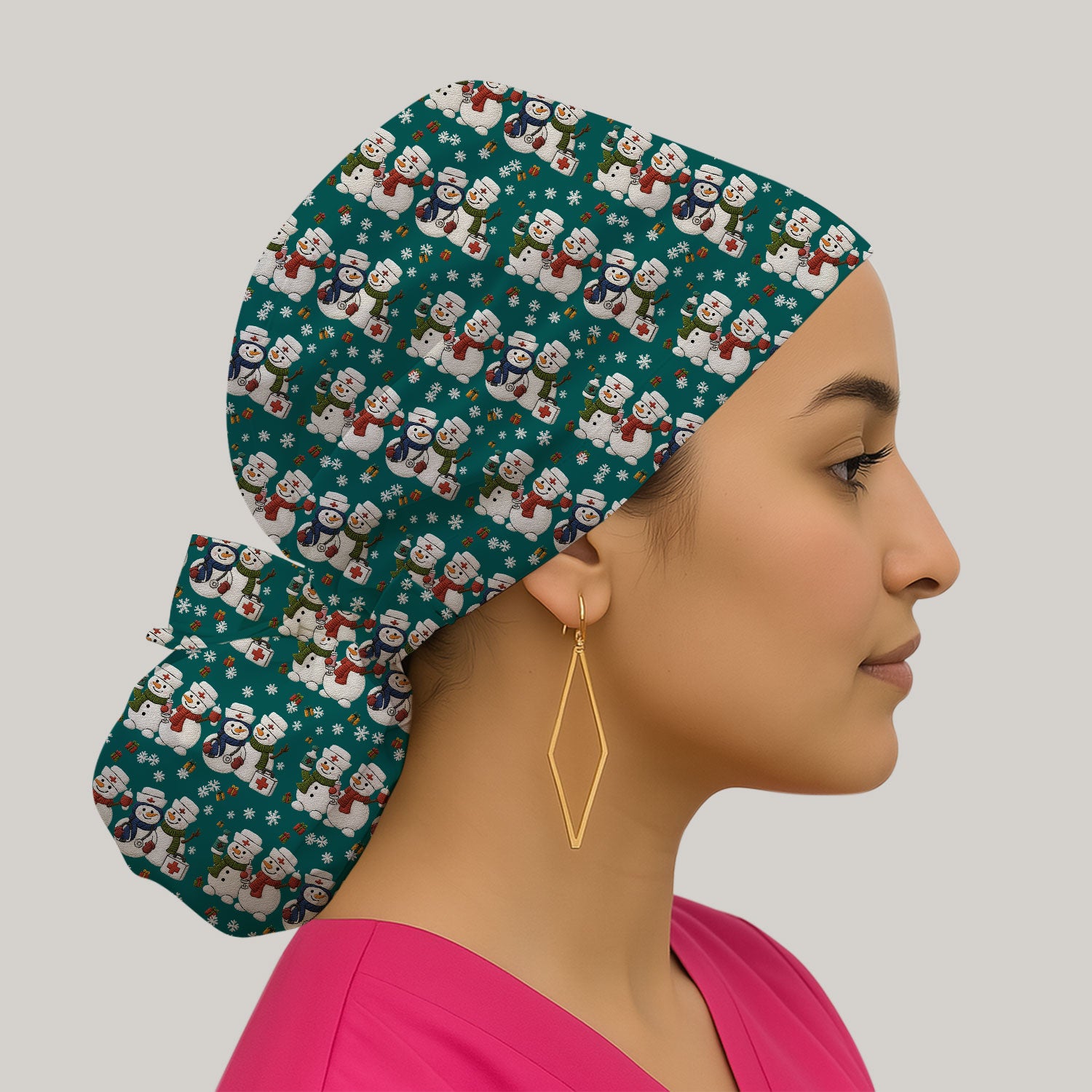 Cute Christmas Snowman Nurse Pattern Print Cap, Bouffant Scrub Caps for Women